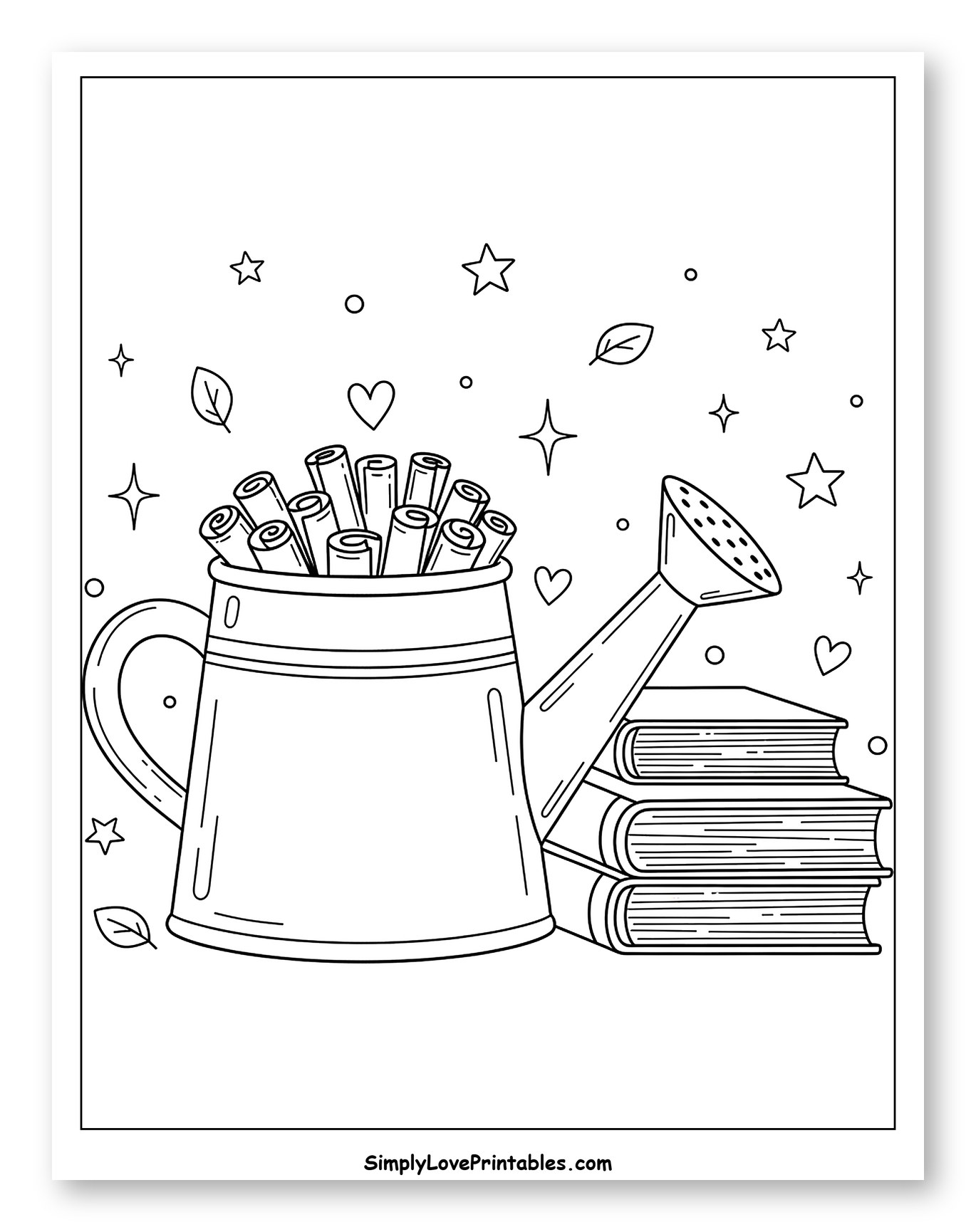 Watering Can with Scrolls and Stack of Books to Color for Adults