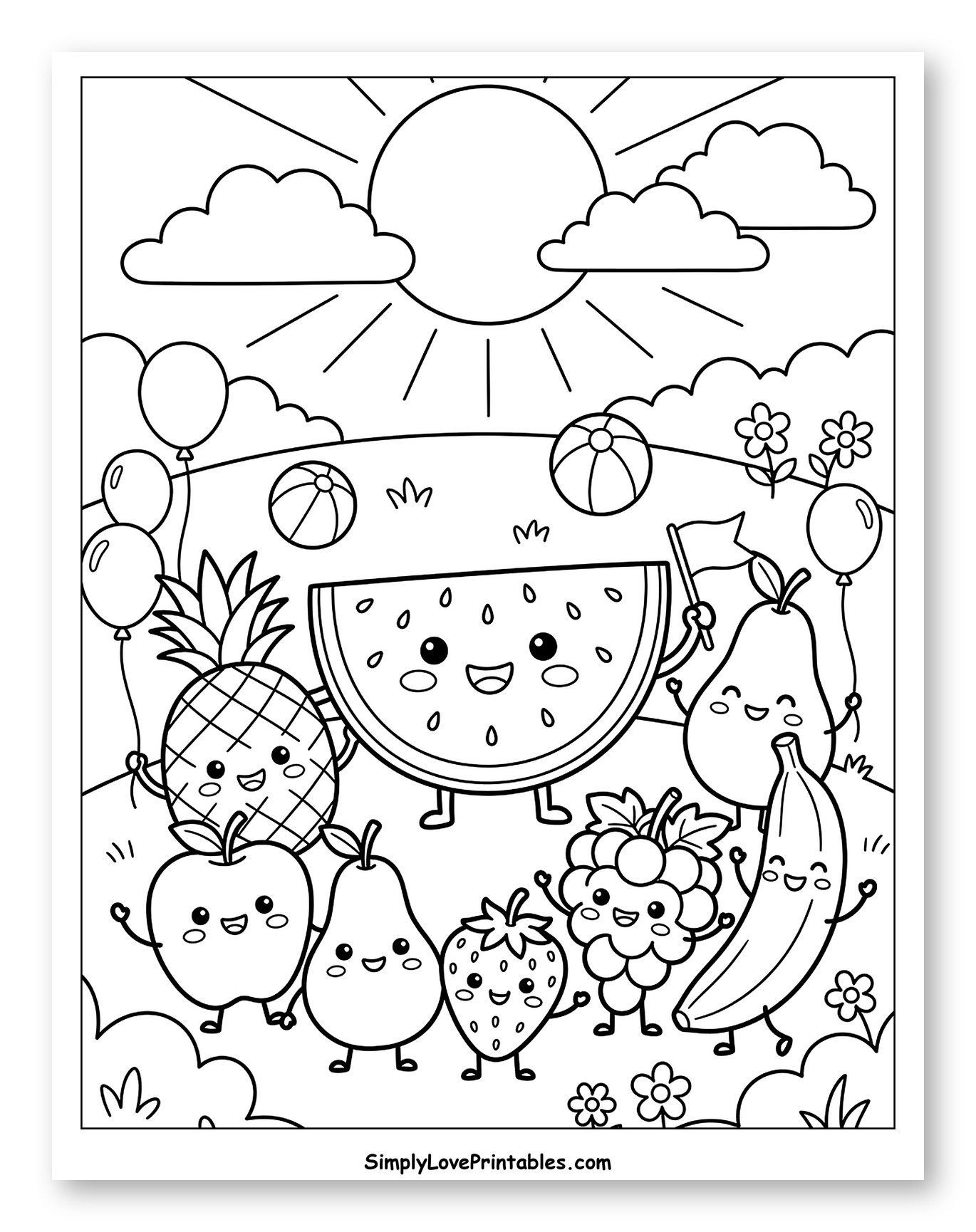Watermelon and Friends Summer Party Coloring Sheet for Kids