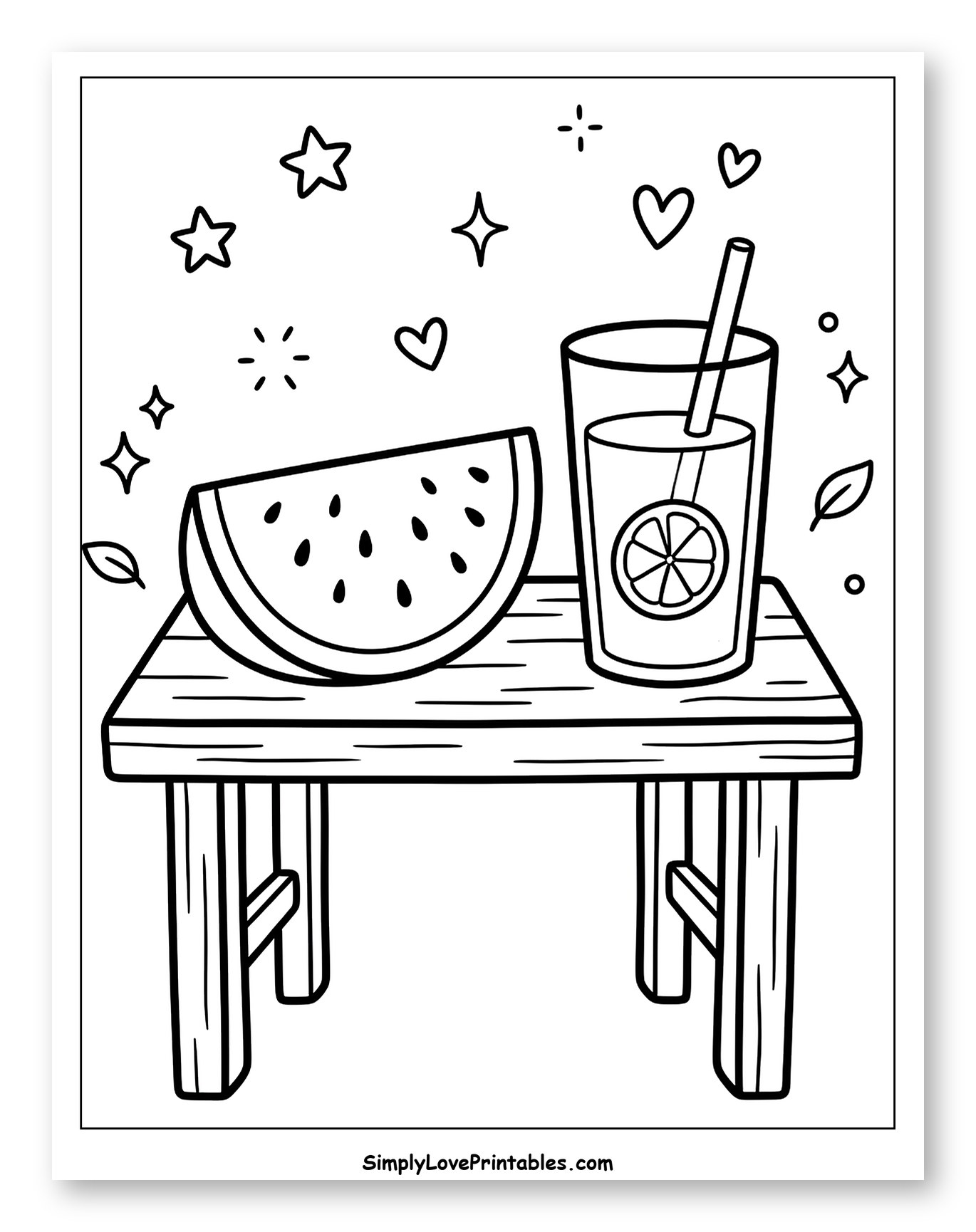 Watermelon and Lemonade on Wooden Table Coloring Sheet for Adults