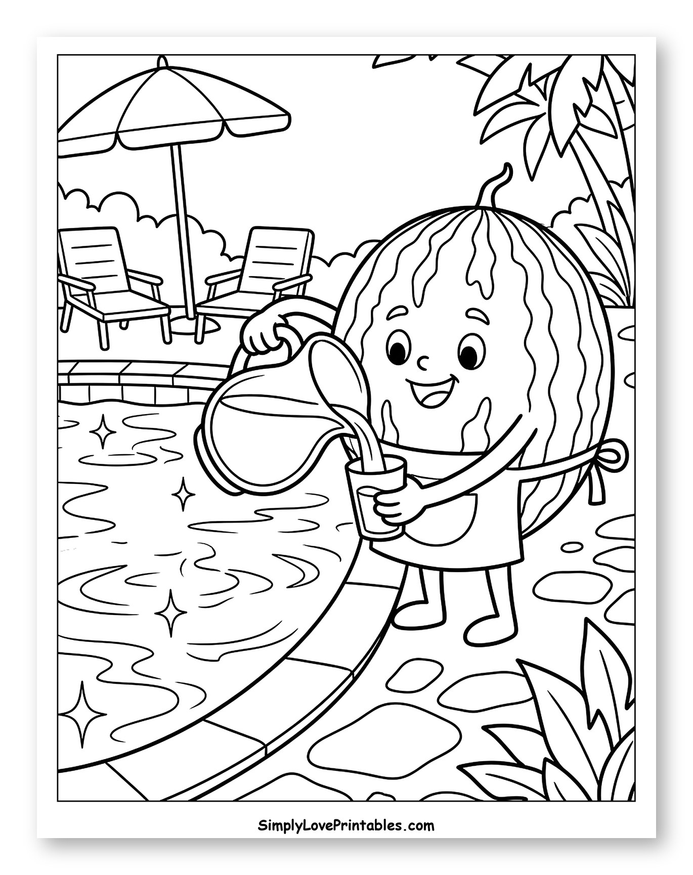 Watermelon Character Pouring Drink by Poolside Coloring Page for Kids