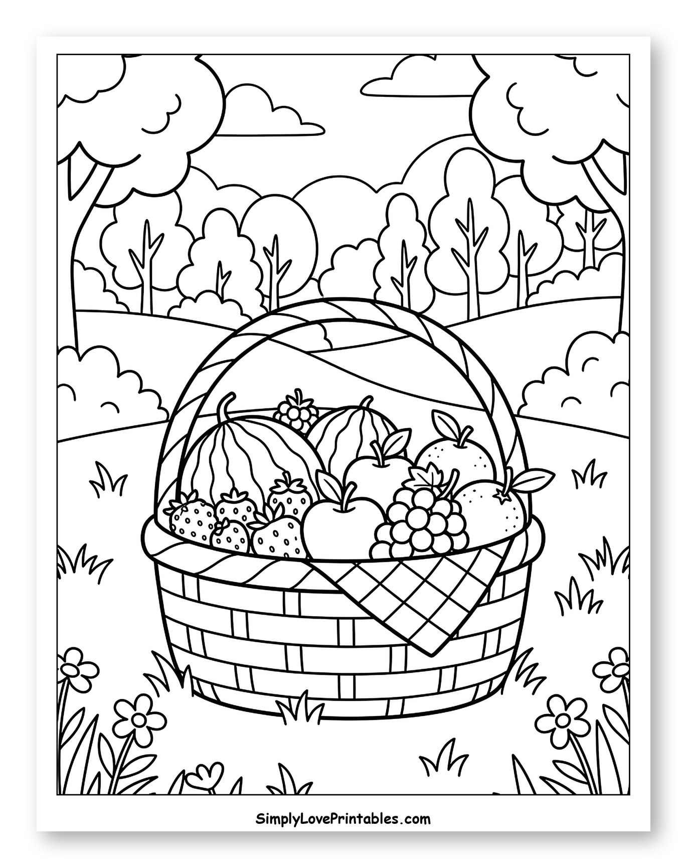 Watermelon Picnic Basket in a Summer Park to Color for Kids