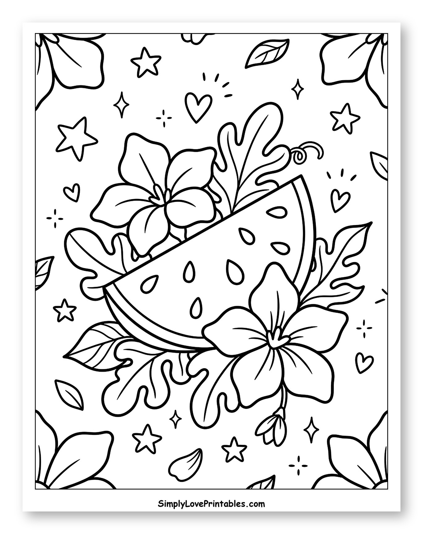 Watermelon Slice with Tropical Flowers and Leaves Coloring Page for Adults
