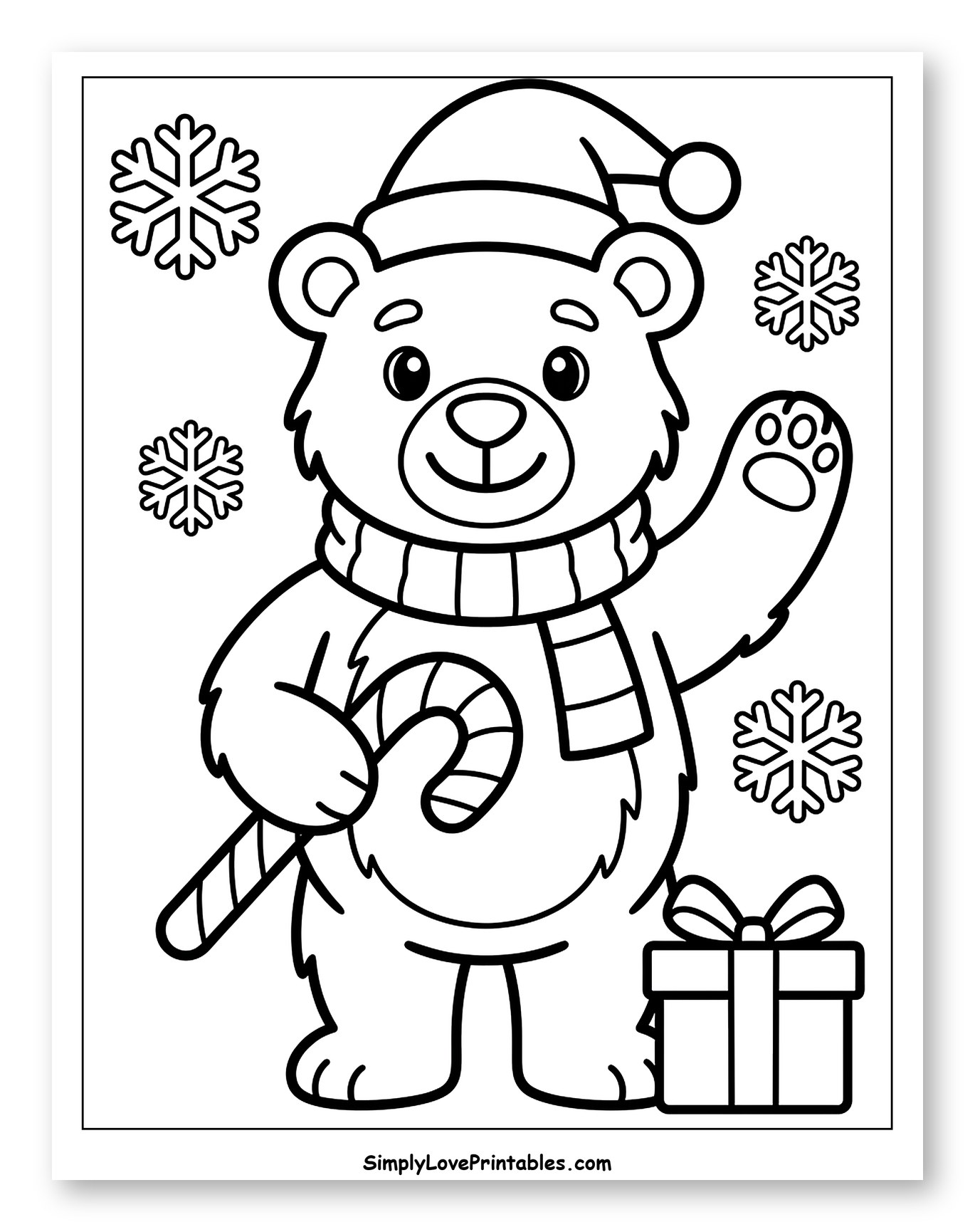 Waving Christmas Bear with Candy Cane and Gift to Color for Toddlers