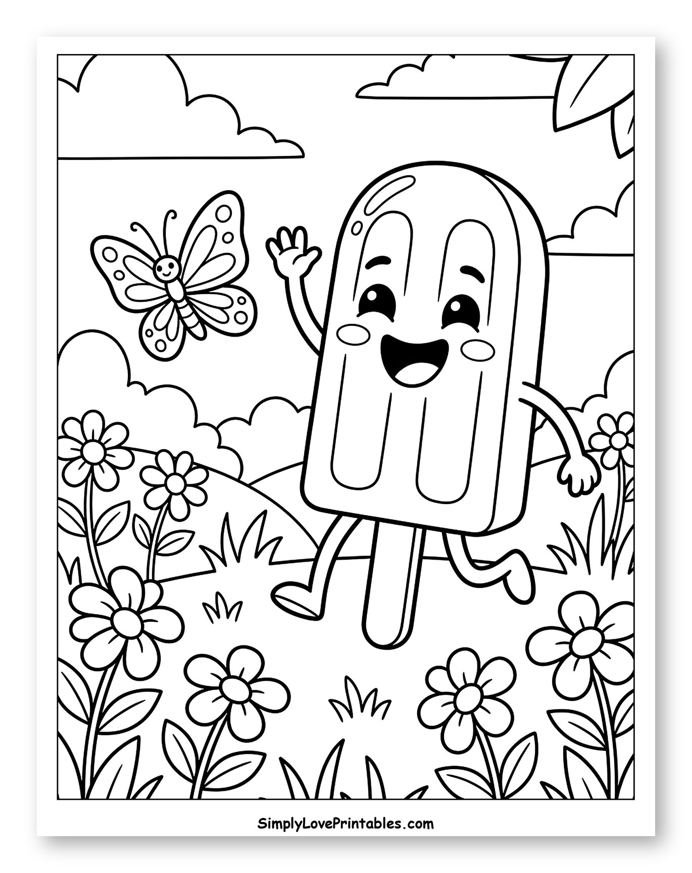 Waving Popsicle in a Flowery Meadow Coloring Page for Kids