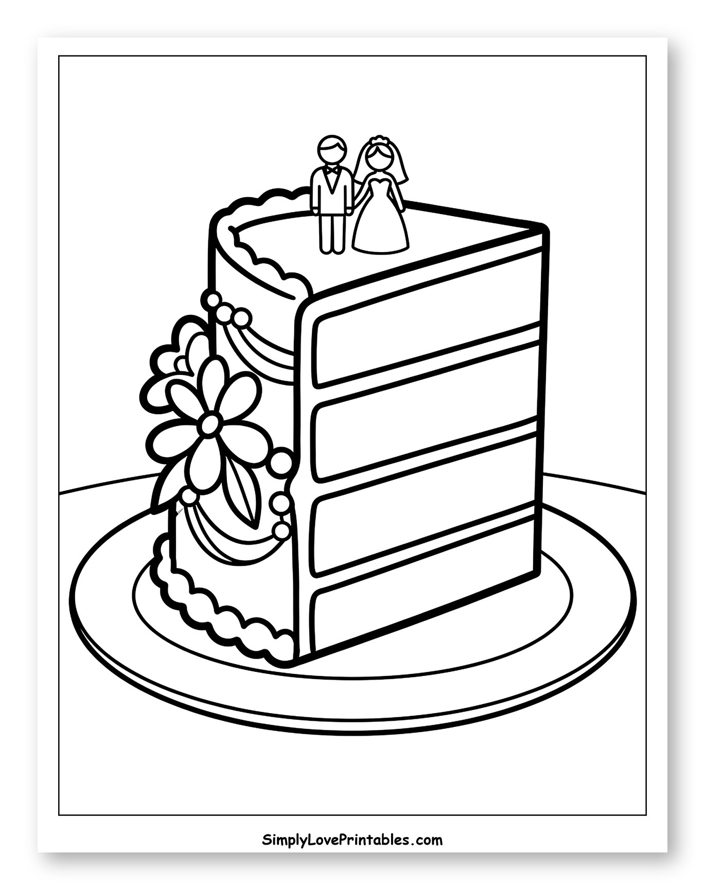 Wedding Cake Slice with Bride and Groom Toppers to Color for Toddlers