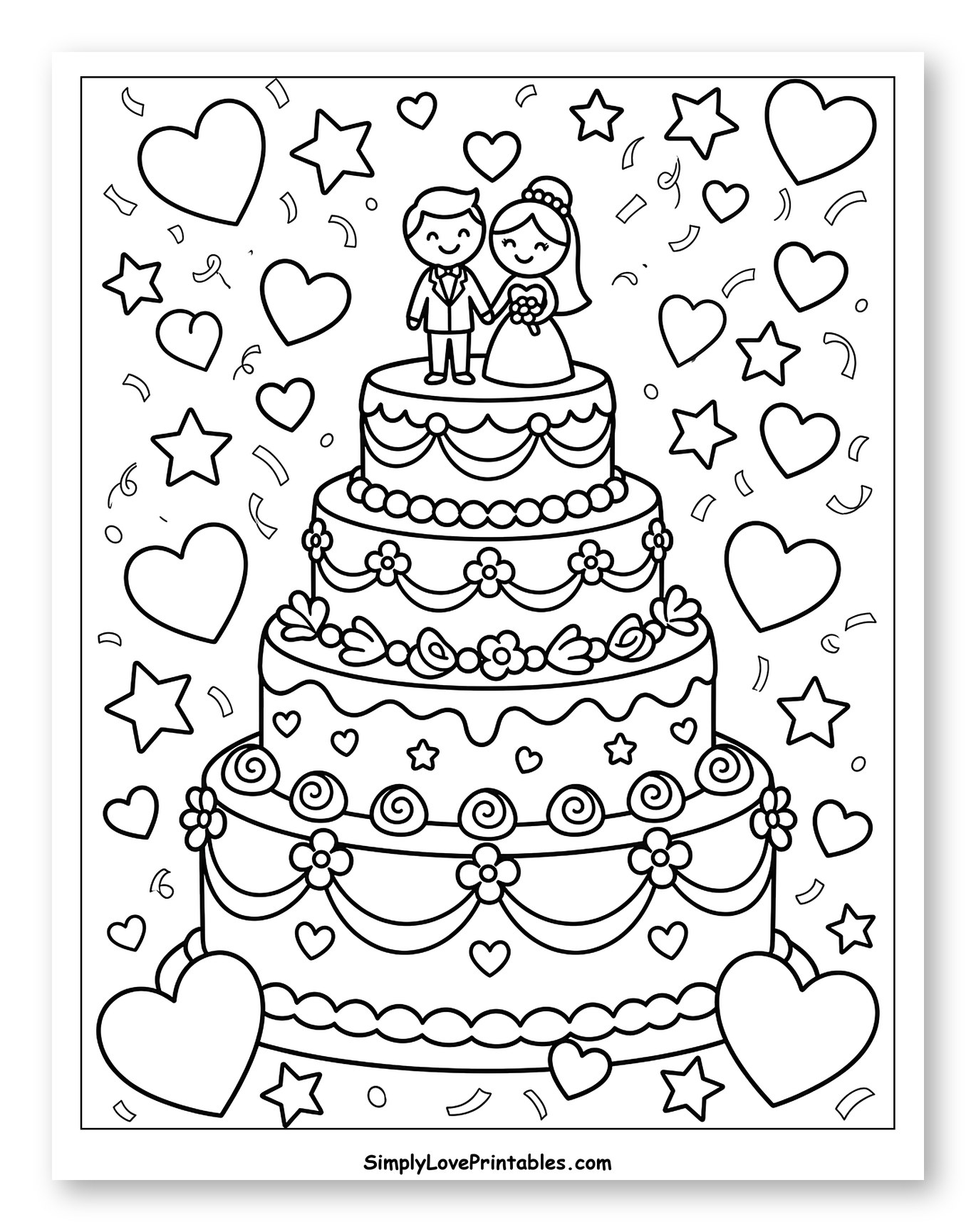 Wedding Cake with Bride and Groom Topper to Color for Kids