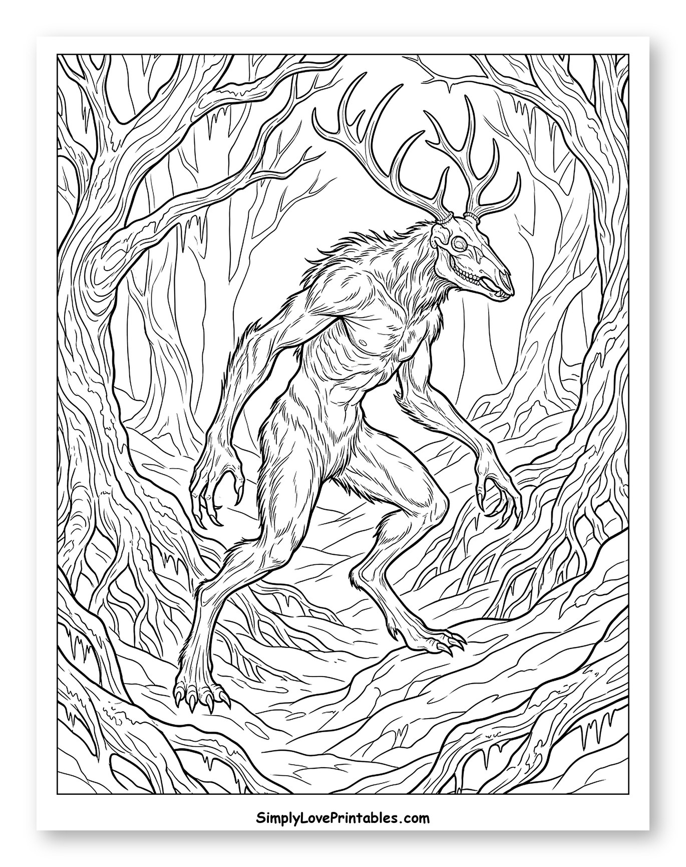 Wendigo Creature in Twisted Forest Coloring Sheet