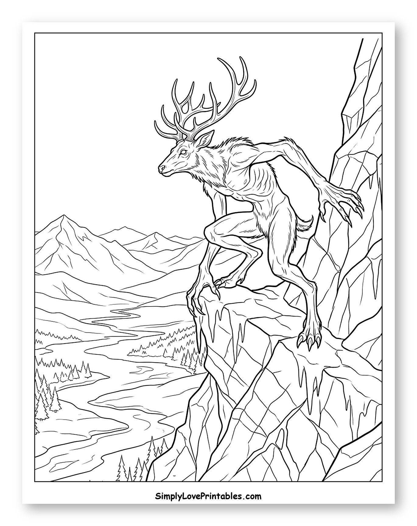 Wendigo Creature on a Mountain Cliff to Color