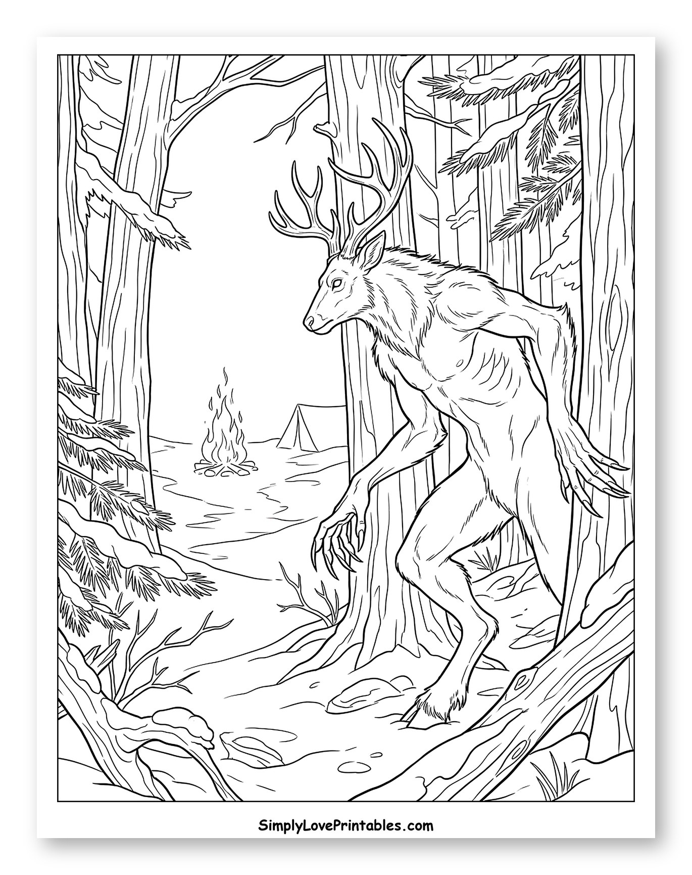 Wendigo in a Forest Approaching a Campsite to Color
