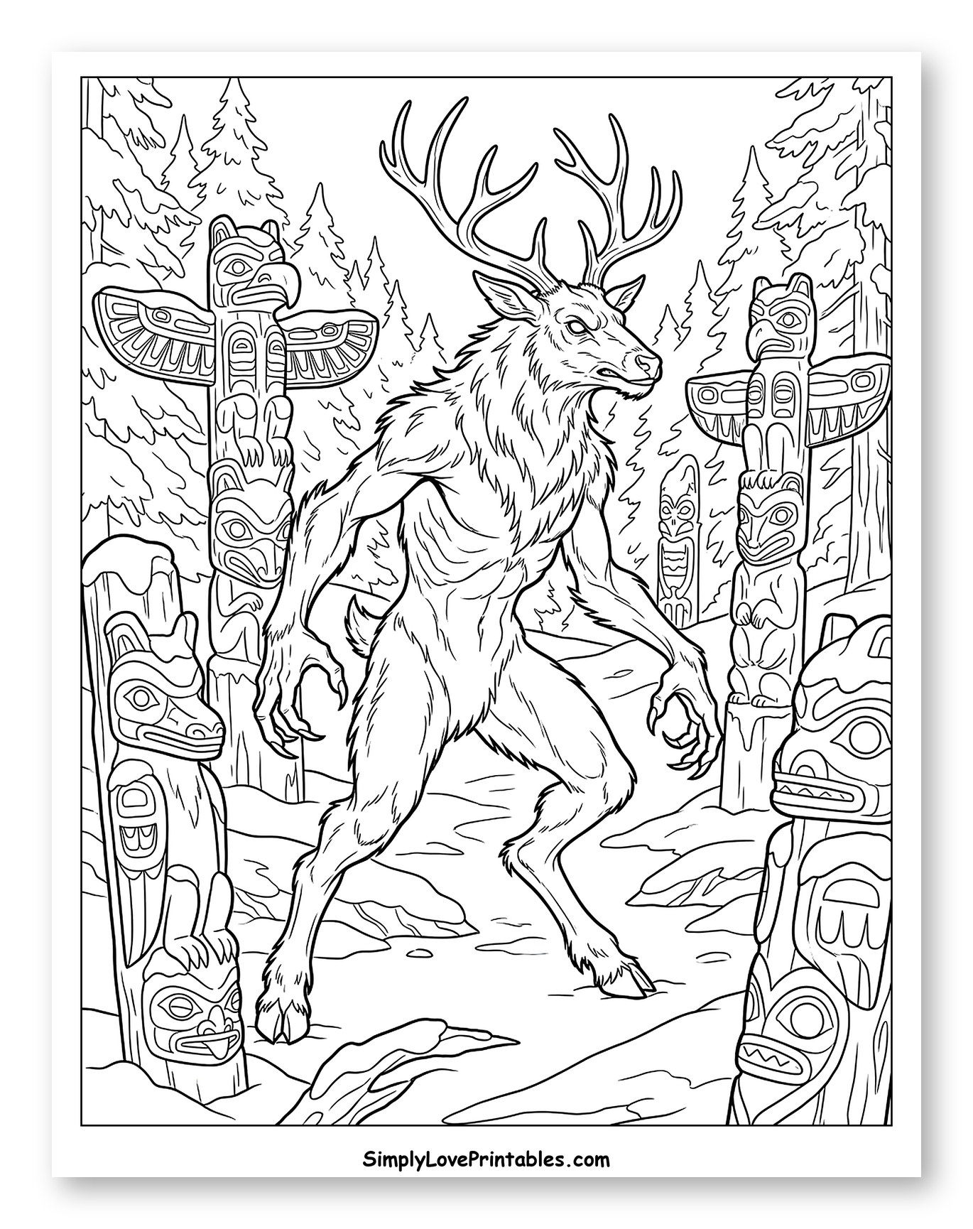 Wendigo in a Forest with Totem Poles Coloring Page