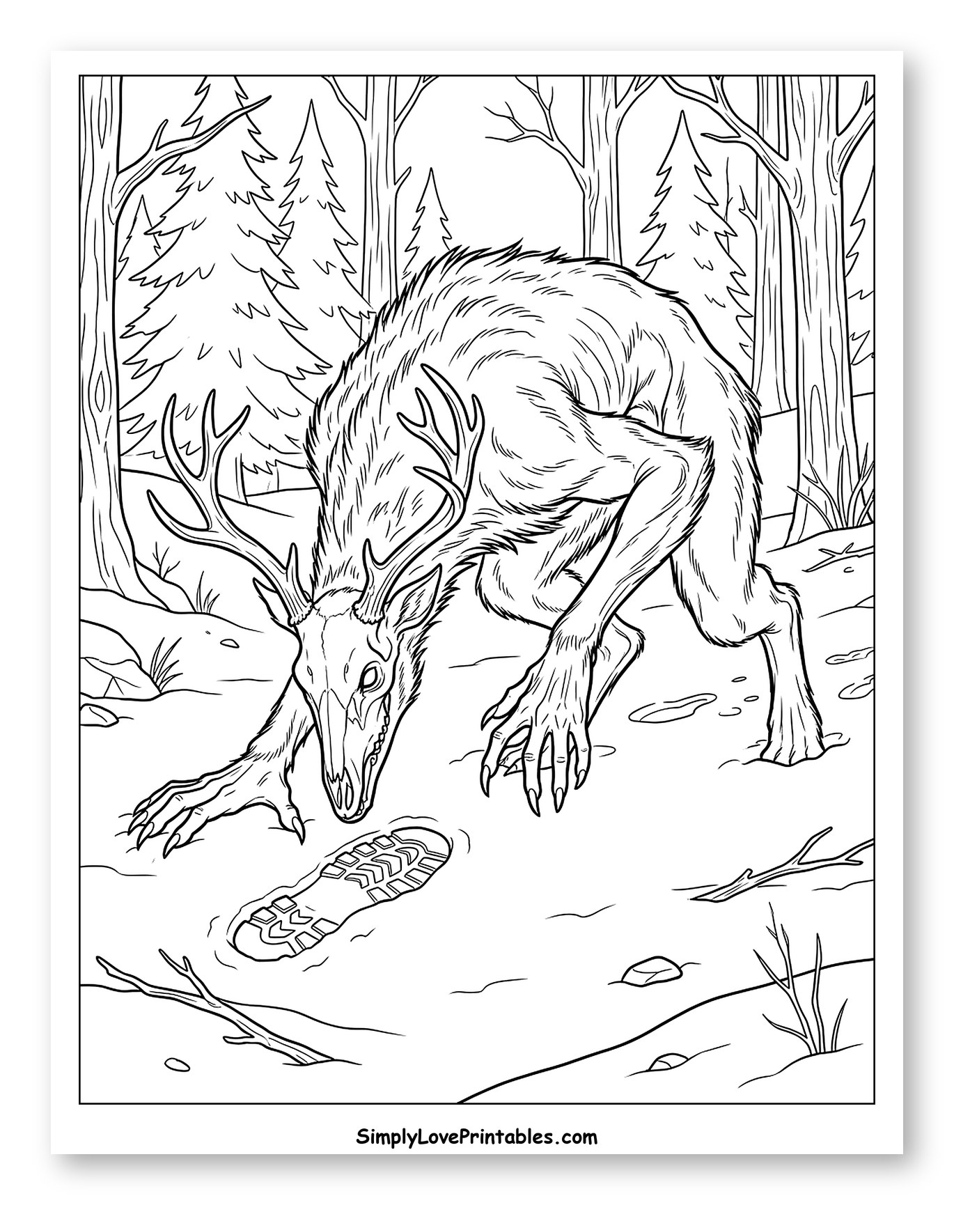 Wendigo Investigating a Human Footprint in the Forest