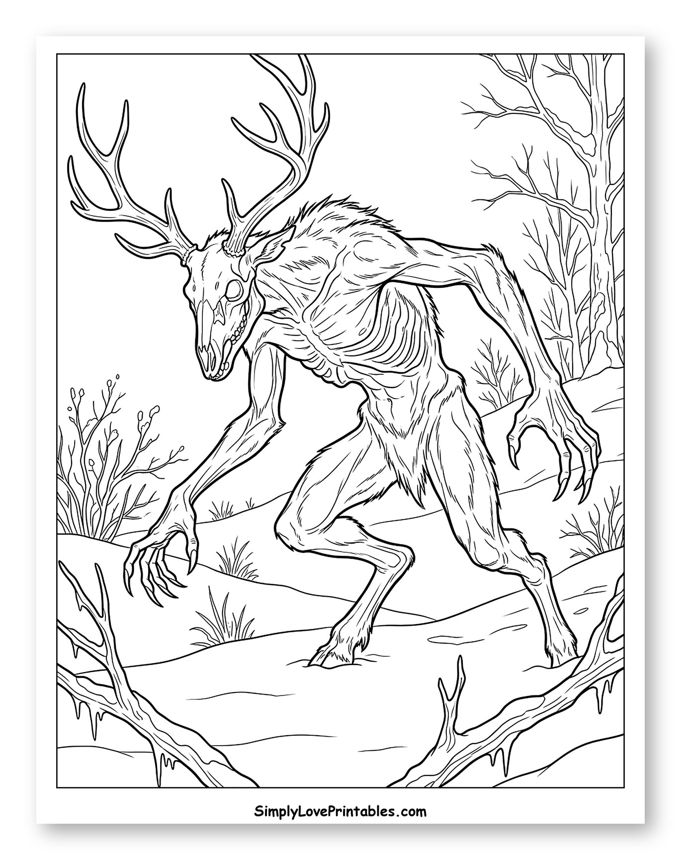 Wendigo Monster in a Snowy Forest Coloring Page