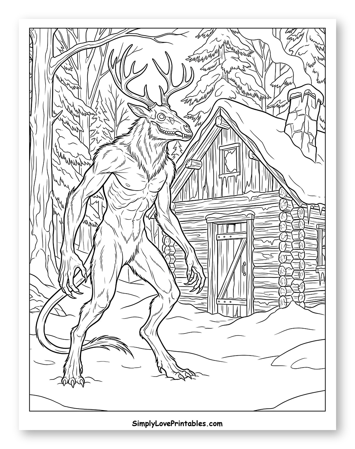 Wendigo Monster Standing in Snowy Woods to Color