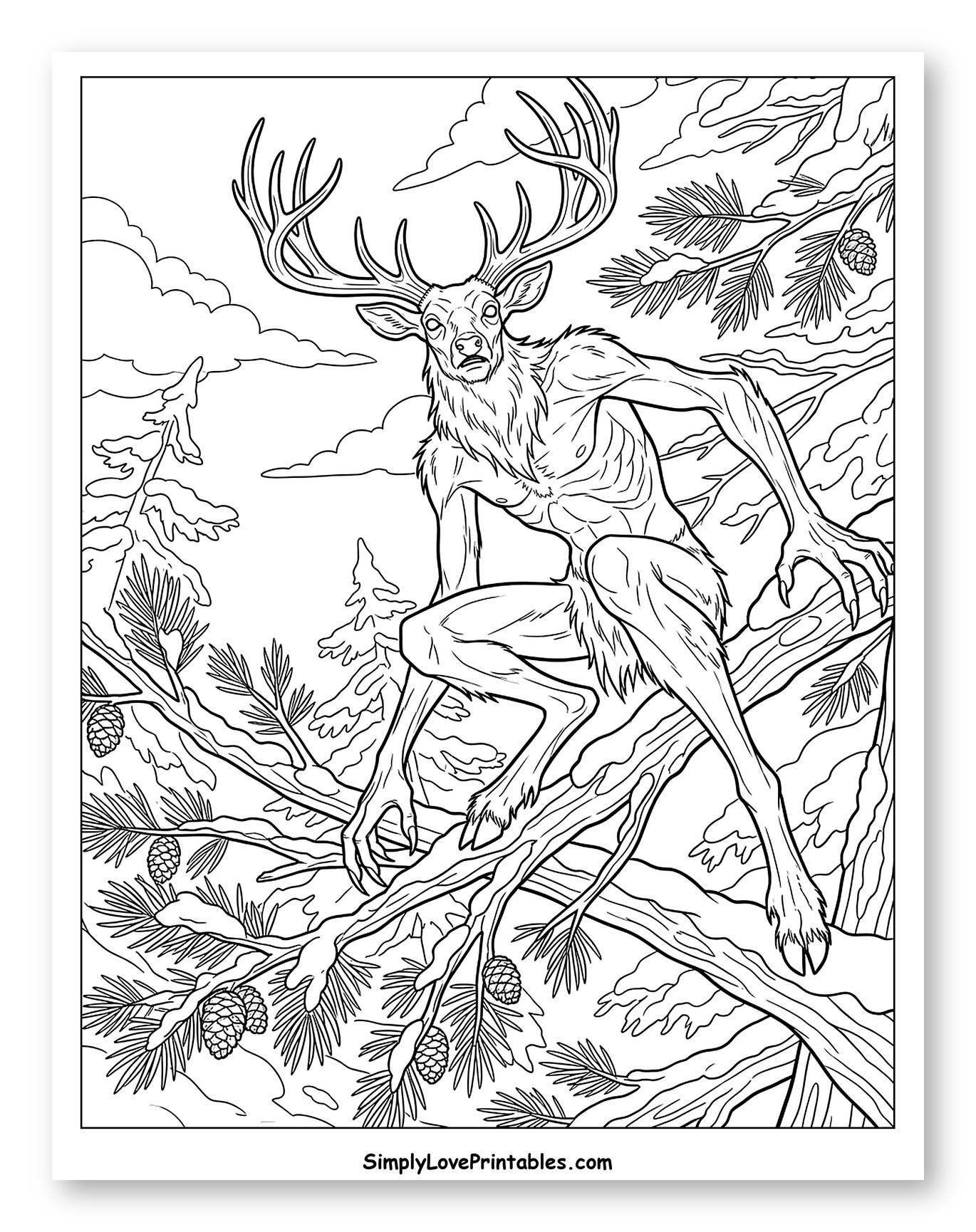 Wendigo Perched on a Snowy Branch to Color