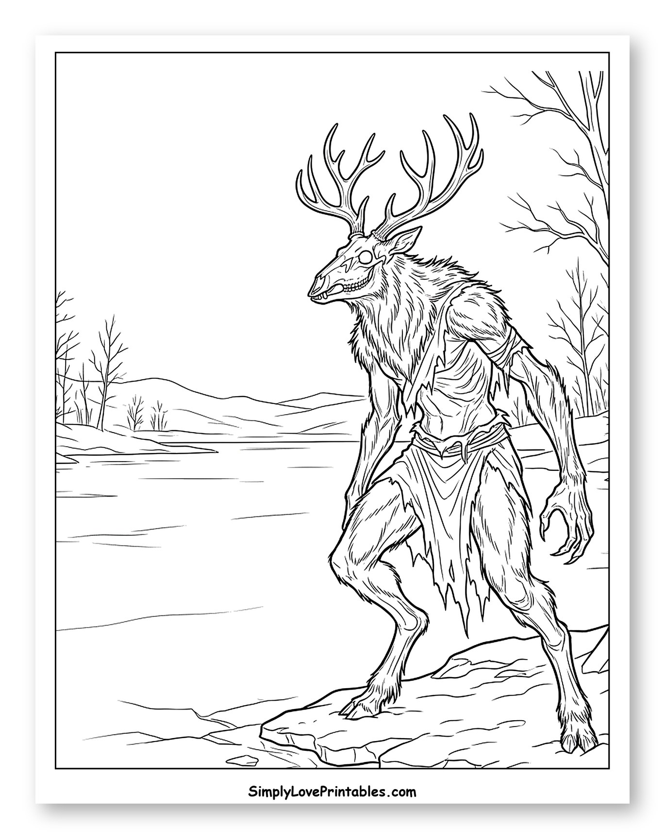 Wendigo Standing by a Frozen Lake to Color