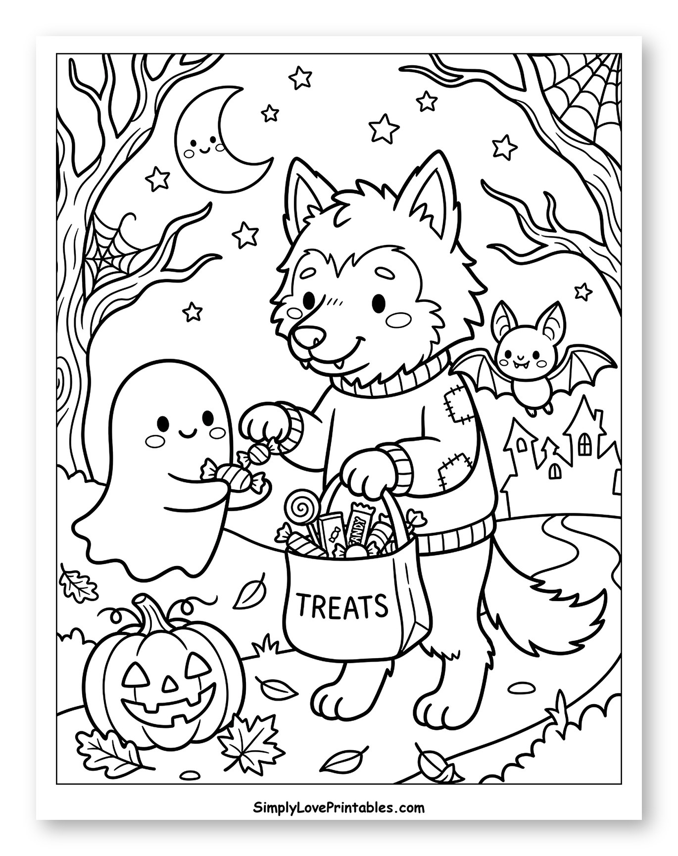 Werewolf, Ghost, and Bat Trick-or-Treating Coloring Sheet for Kids
