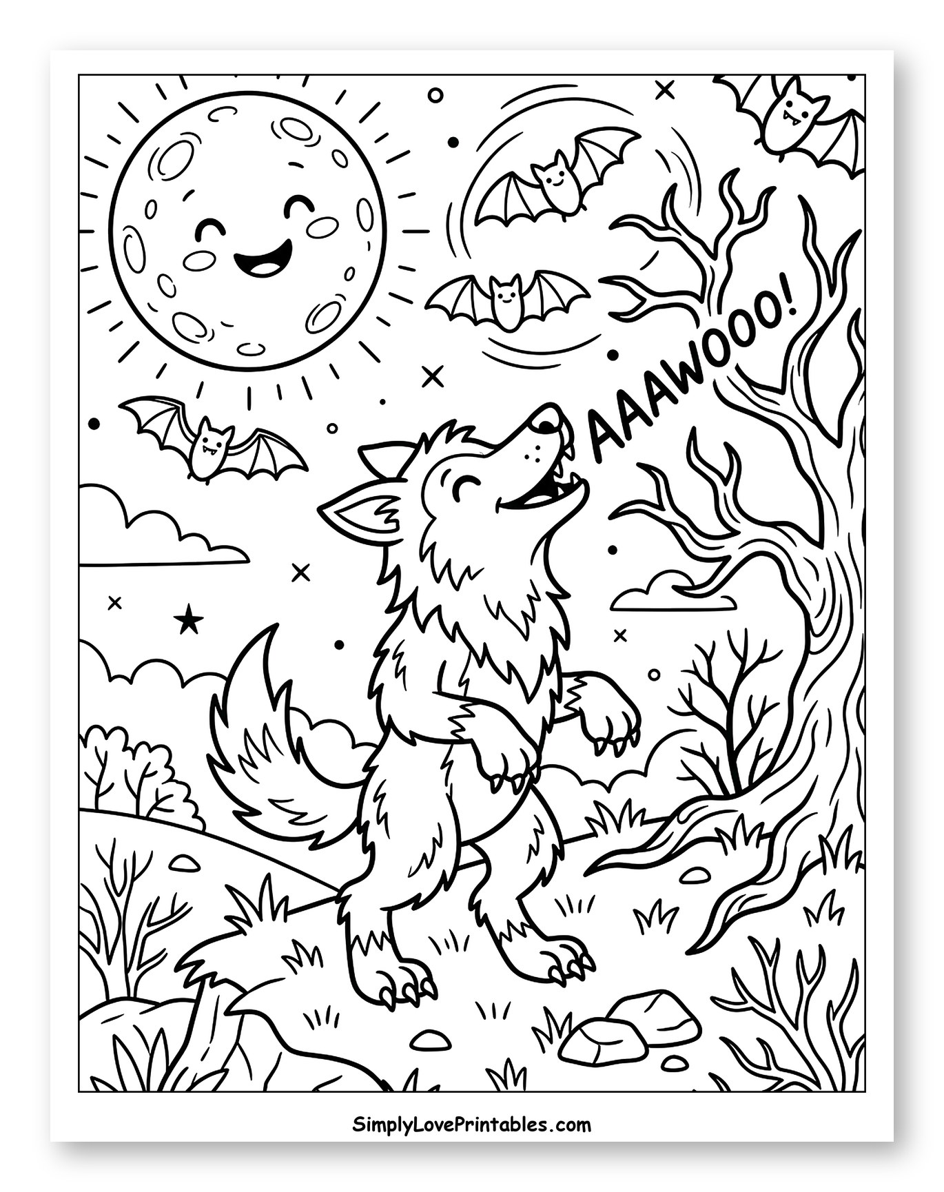 Werewolf Howling at a Kawaii Moon Coloring Page for Kids