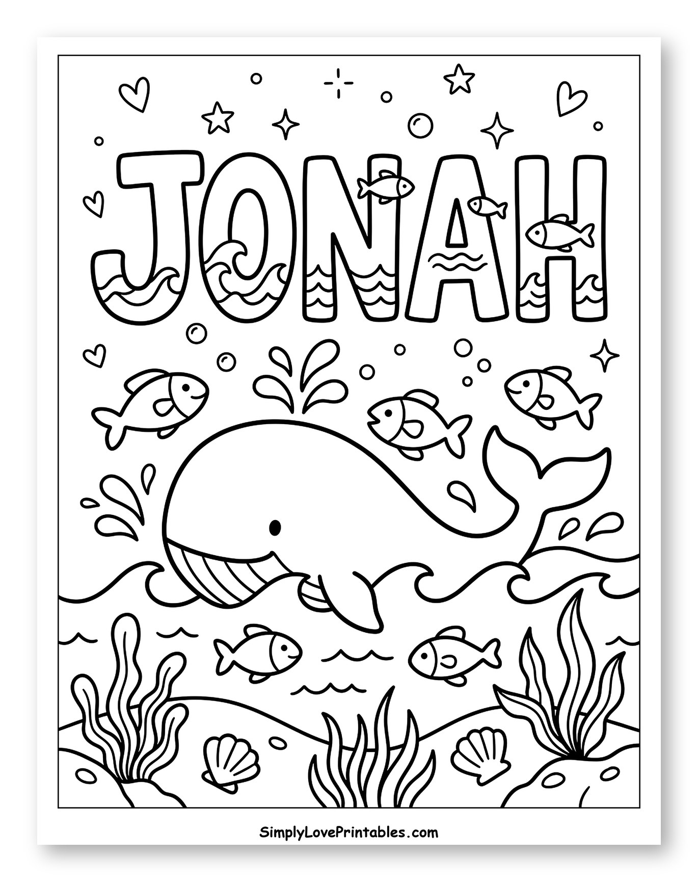 Whale, Fish, and Jonah Name Ocean Scene Coloring Page for Adults