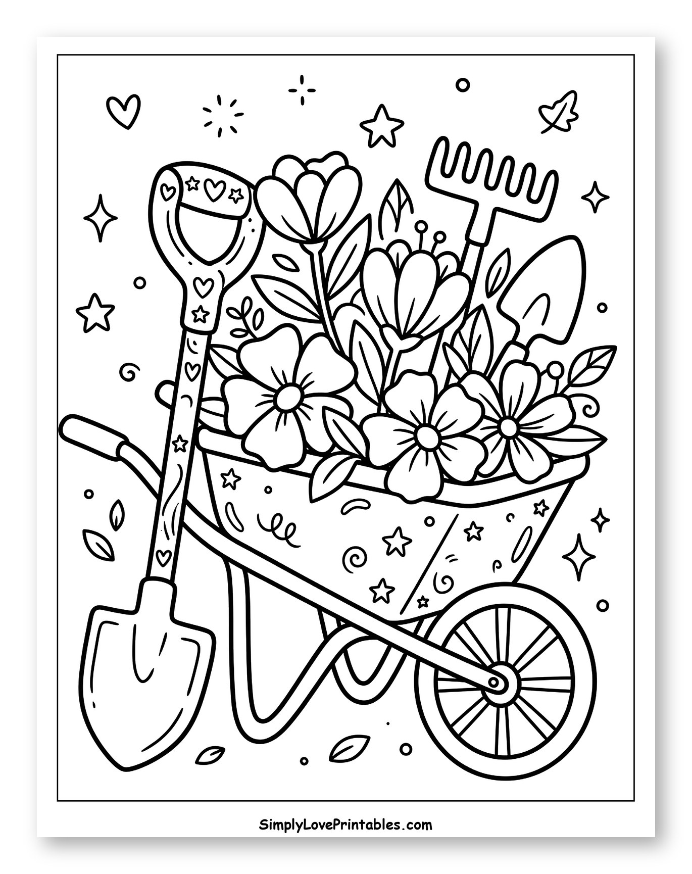 Wheelbarrow Full of Flowers and Gardening Tools Coloring Page for Adults
