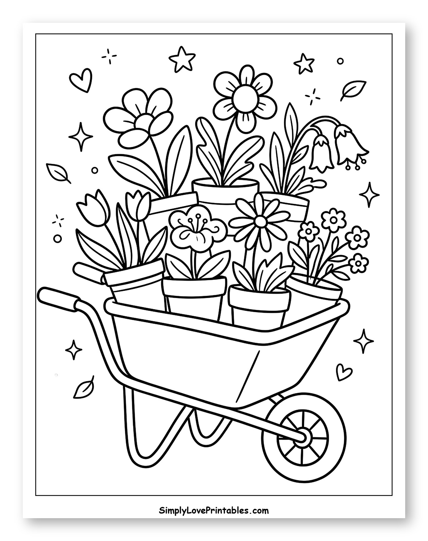 Wheelbarrow Full of Potted Flowers Coloring Sheet for Adults