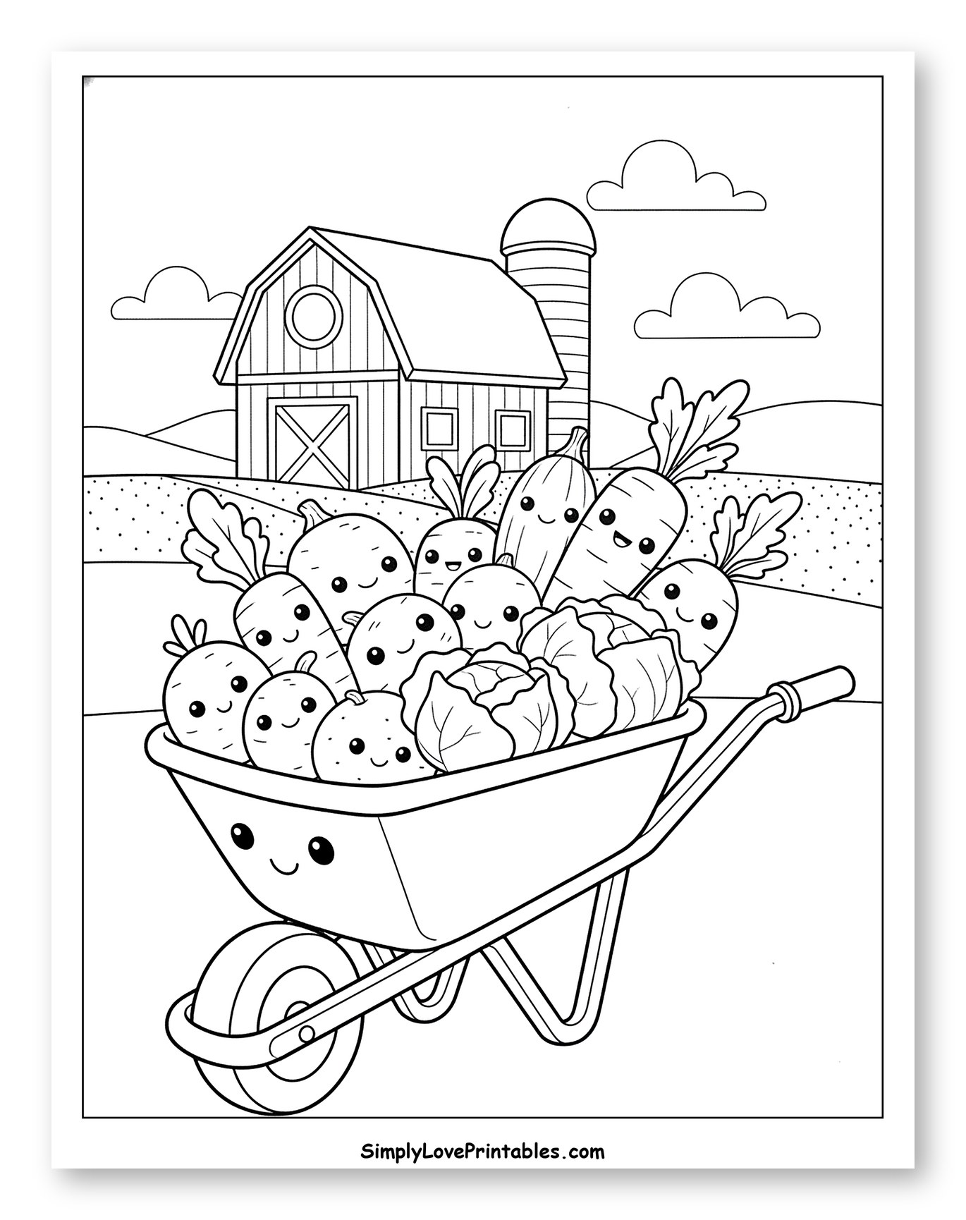 Wheelbarrow Full of Smiling Garden Vegetables Coloring Sheet for Kids