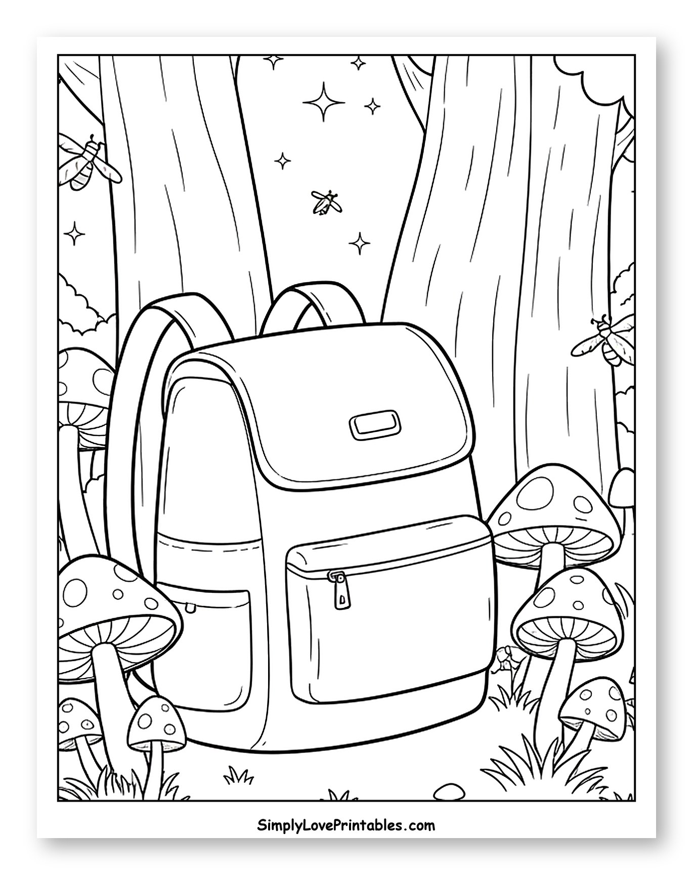 Whimsical Backpack with Mushrooms and Fireflies to Color for Kids