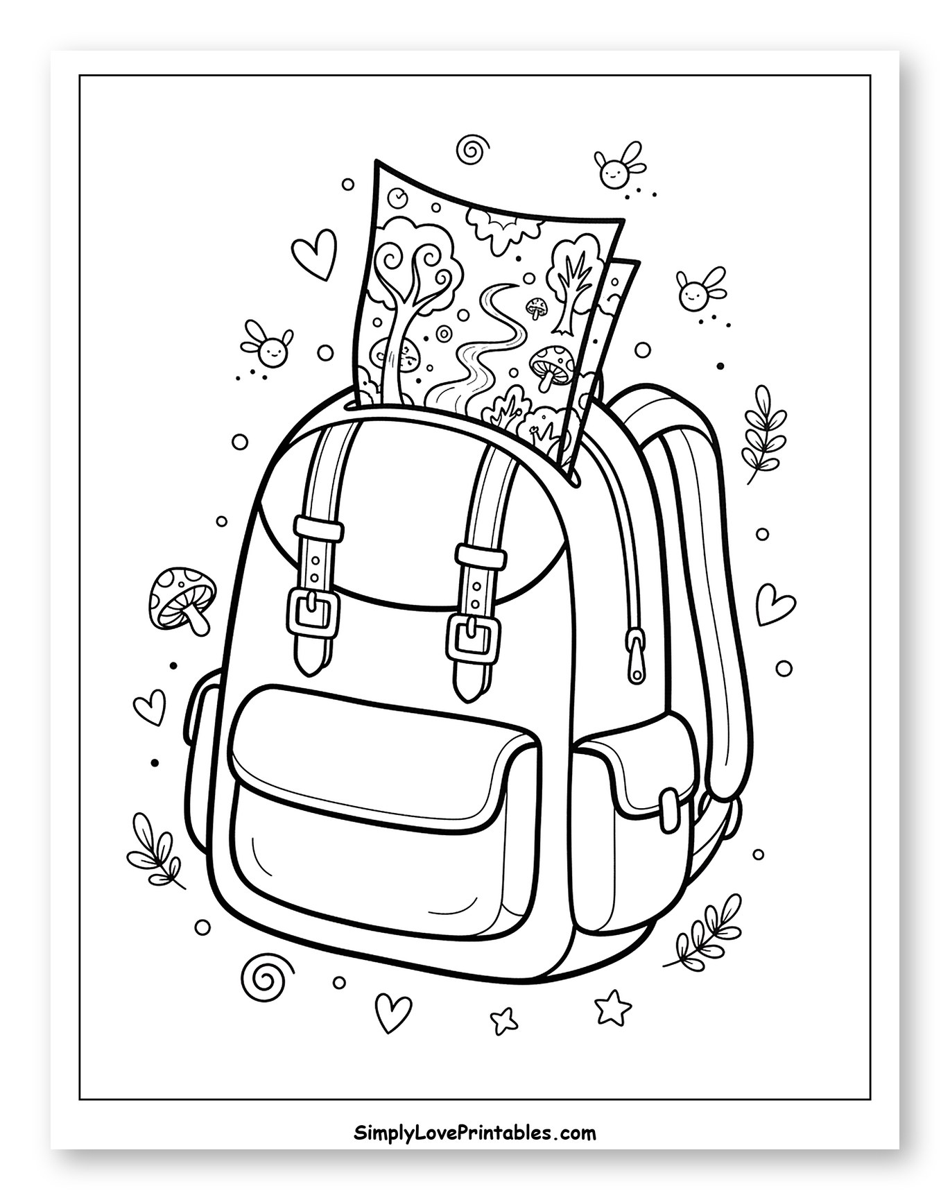 Whimsical Backpack with Nature Art and Friendly Bugs Coloring Page for Adults
