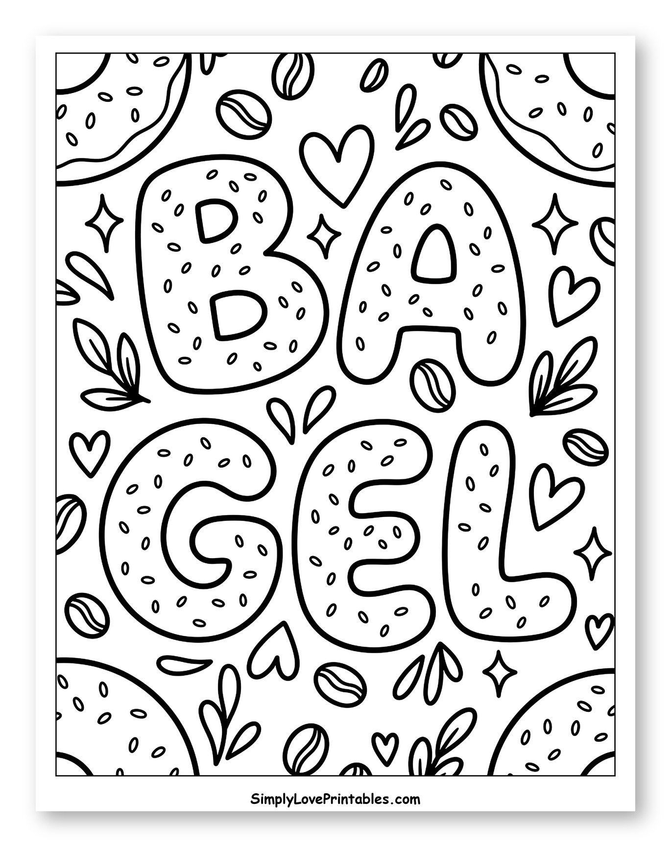 Whimsical Bagel Word and Coffee Art Coloring Sheet for Adults