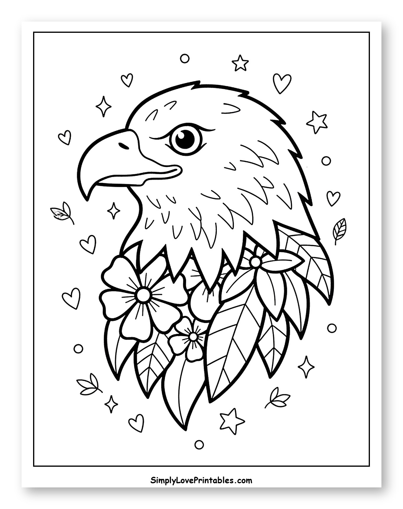 Whimsical Bald Eagle with Floral Decoration Coloring Sheet for Adults