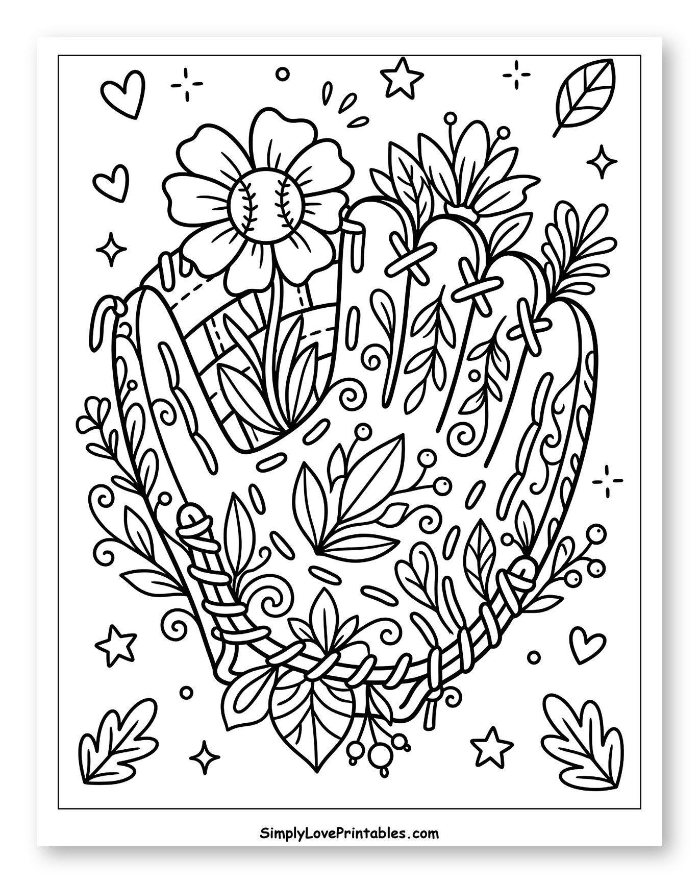 Whimsical Baseball Glove with Flowers to Color for Adults