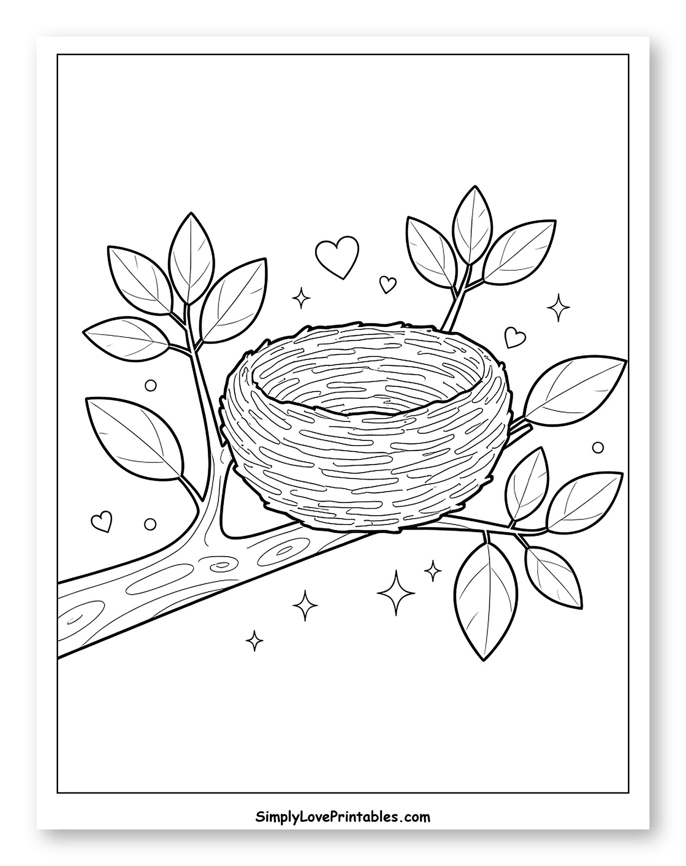 Whimsical Bird Nest on Branch with Hearts