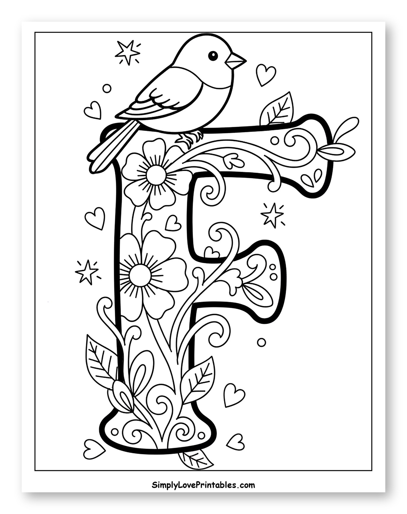 Whimsical Bird on Decorative Letter F