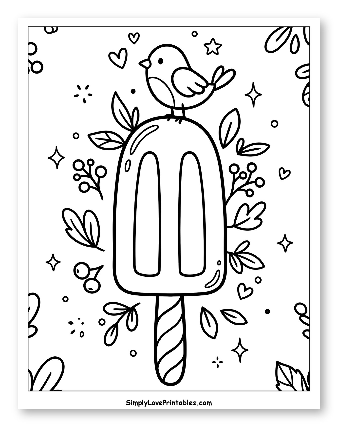 Whimsical Bird on Sweet Popsicle with Berries Coloring Page for Adults