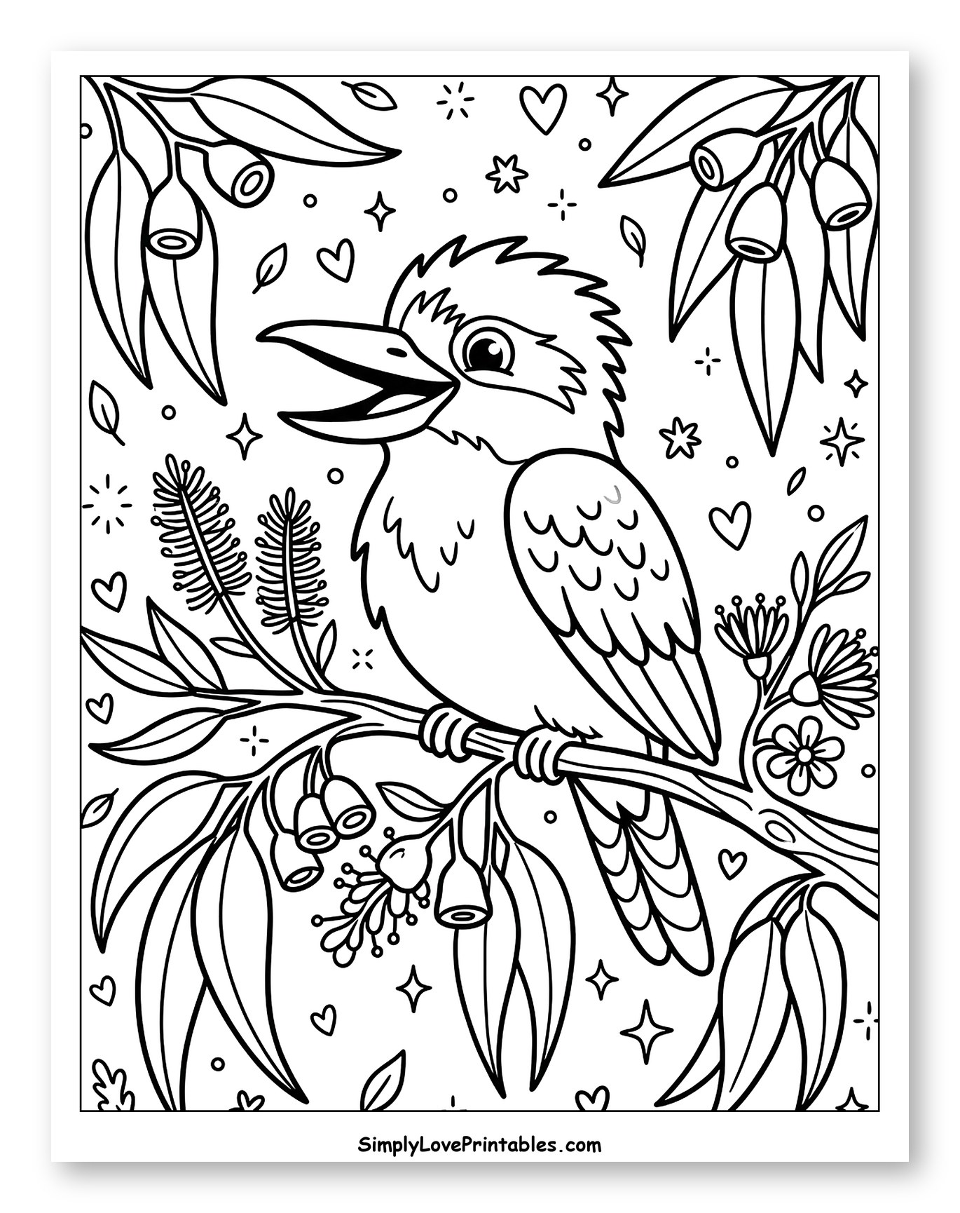 Whimsical Bird with Eucalyptus Leaves and Gumnuts Coloring Sheet for Adults