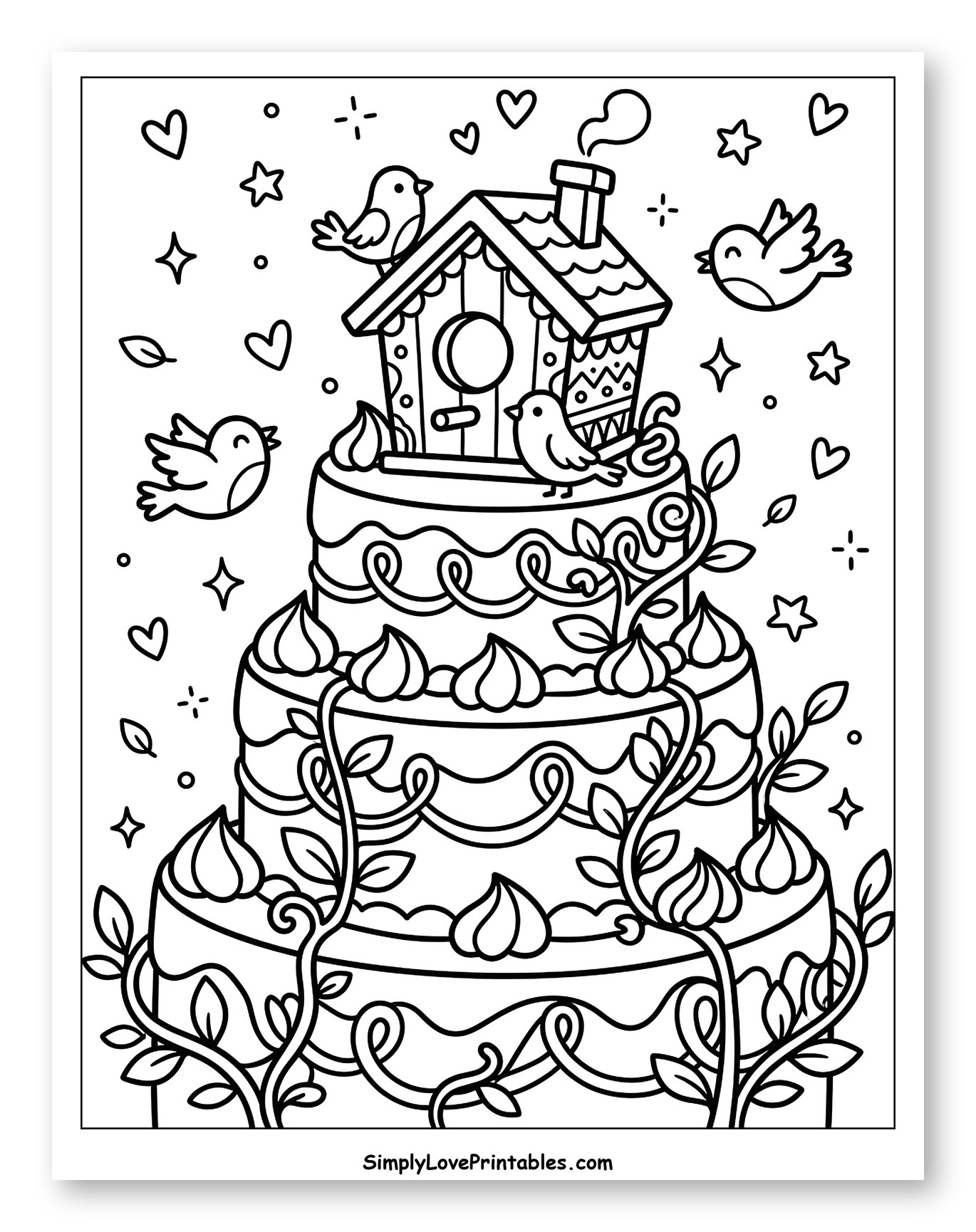 Whimsical Birdhouse Cake with Flying Birds Coloring Sheet for Adults