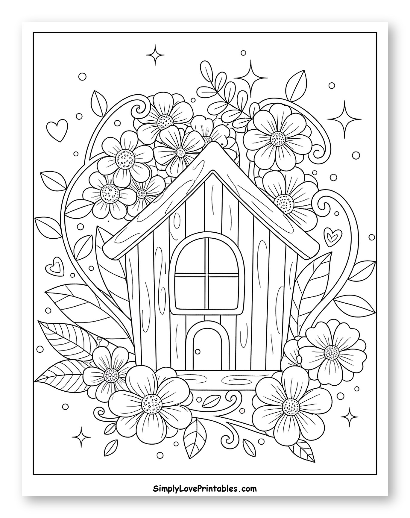 Whimsical Birdhouse Surrounded by Flowers and Vines Coloring Sheet for Adults