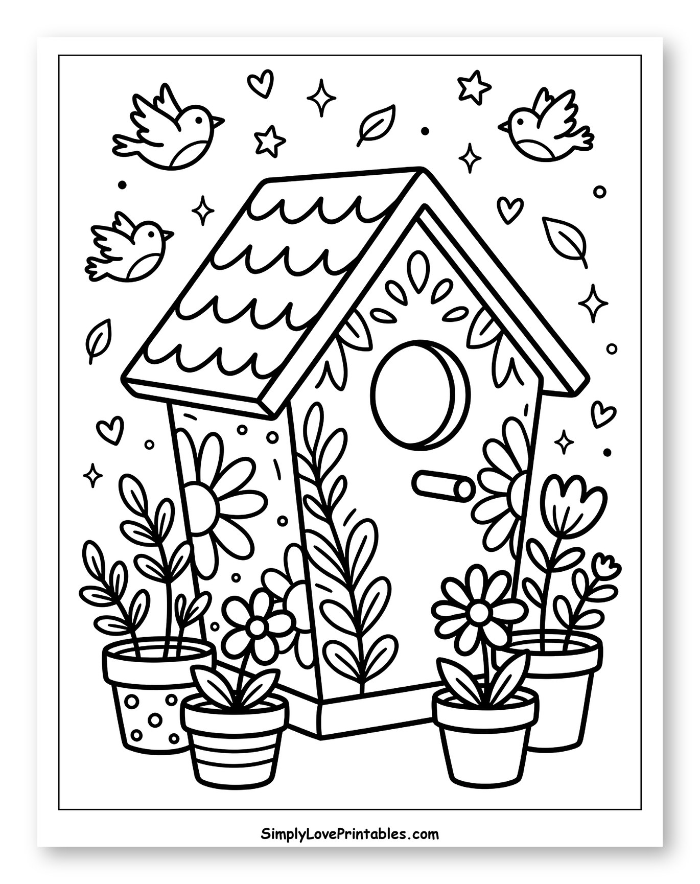 Whimsical Birdhouse with Potted Plants and Flying Birds