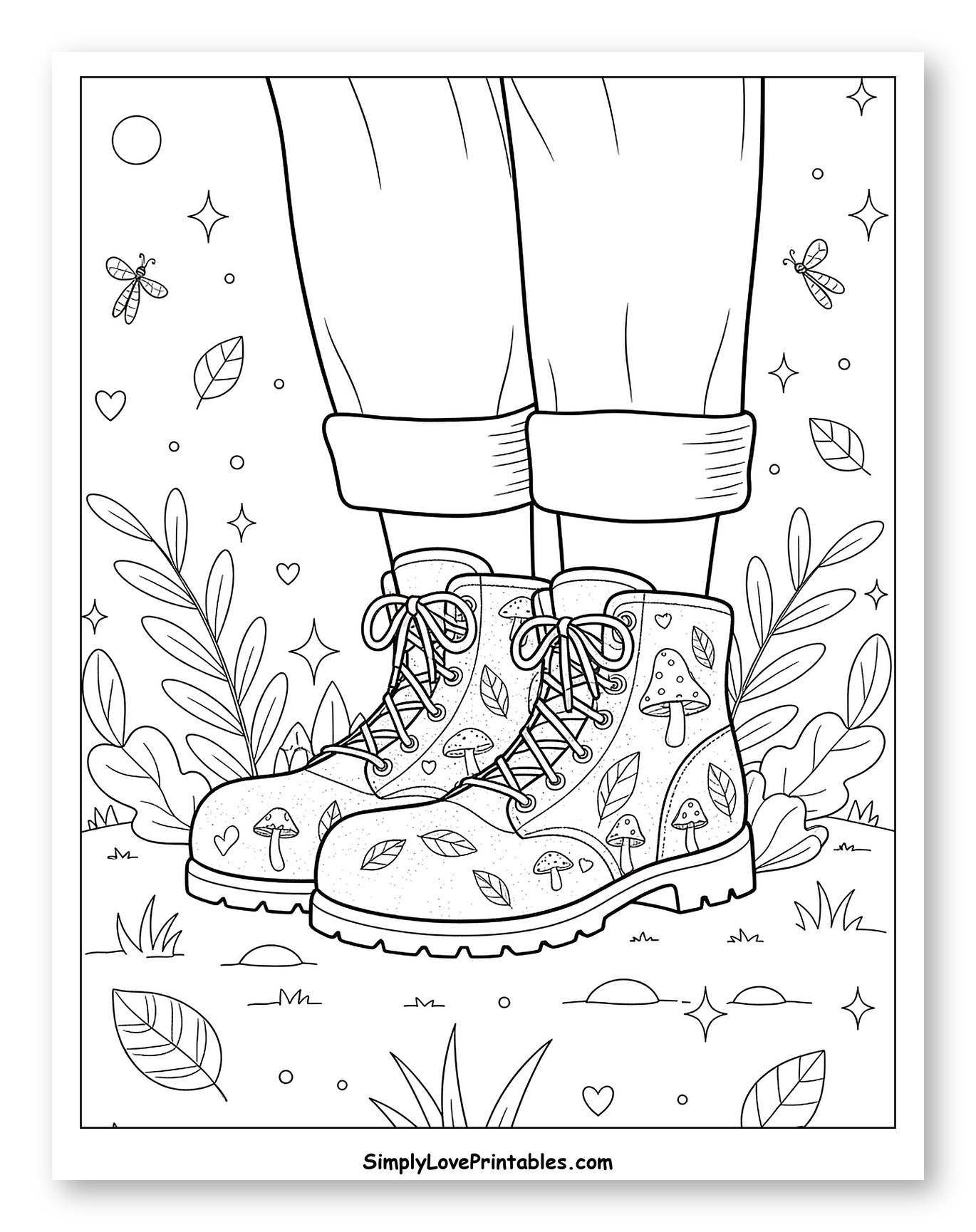 Whimsical Boots with Mushrooms and Leaves in Nature Coloring Sheet for Adults