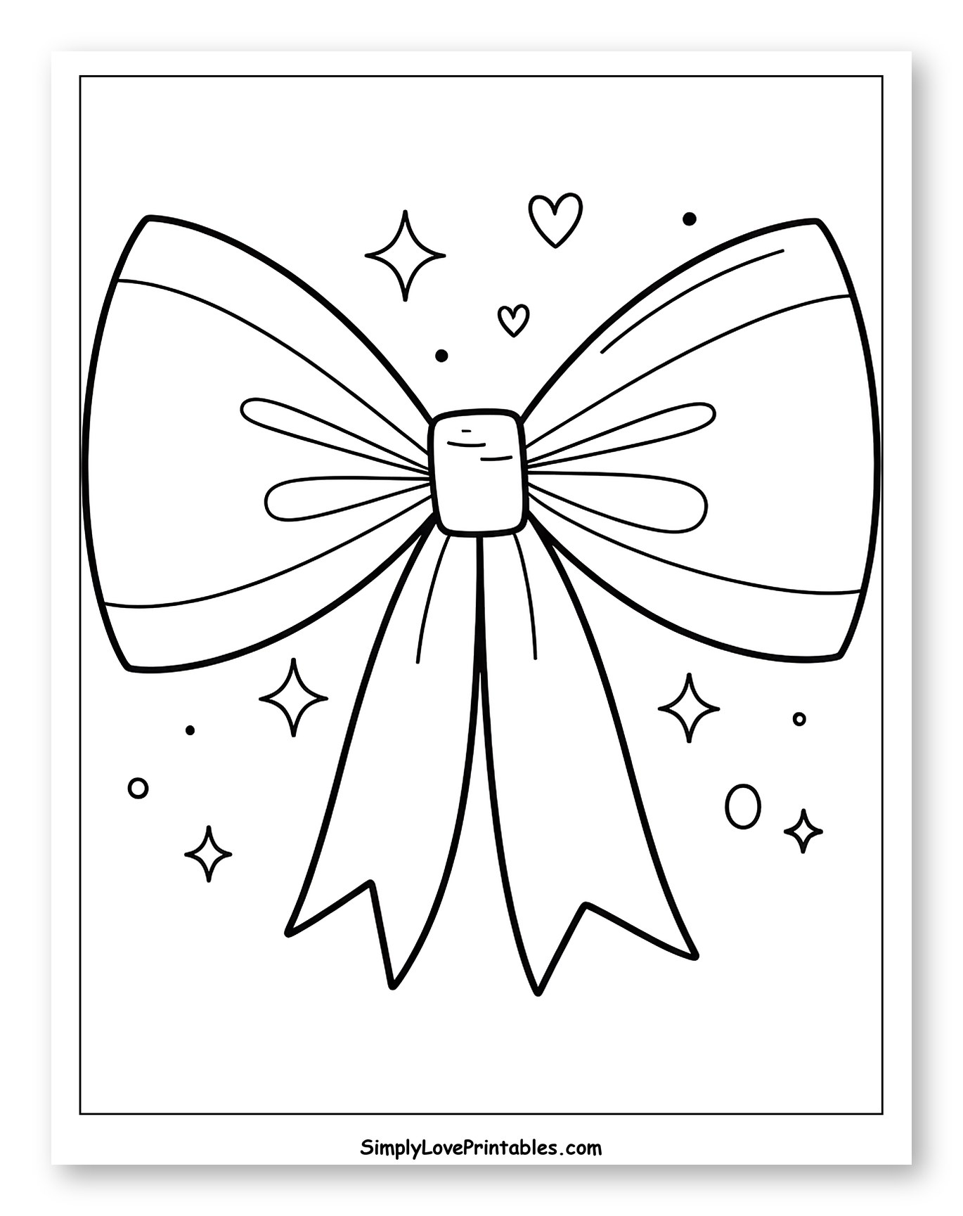 Whimsical Bow with Sparkles and Hearts Coloring Sheet for Adults
