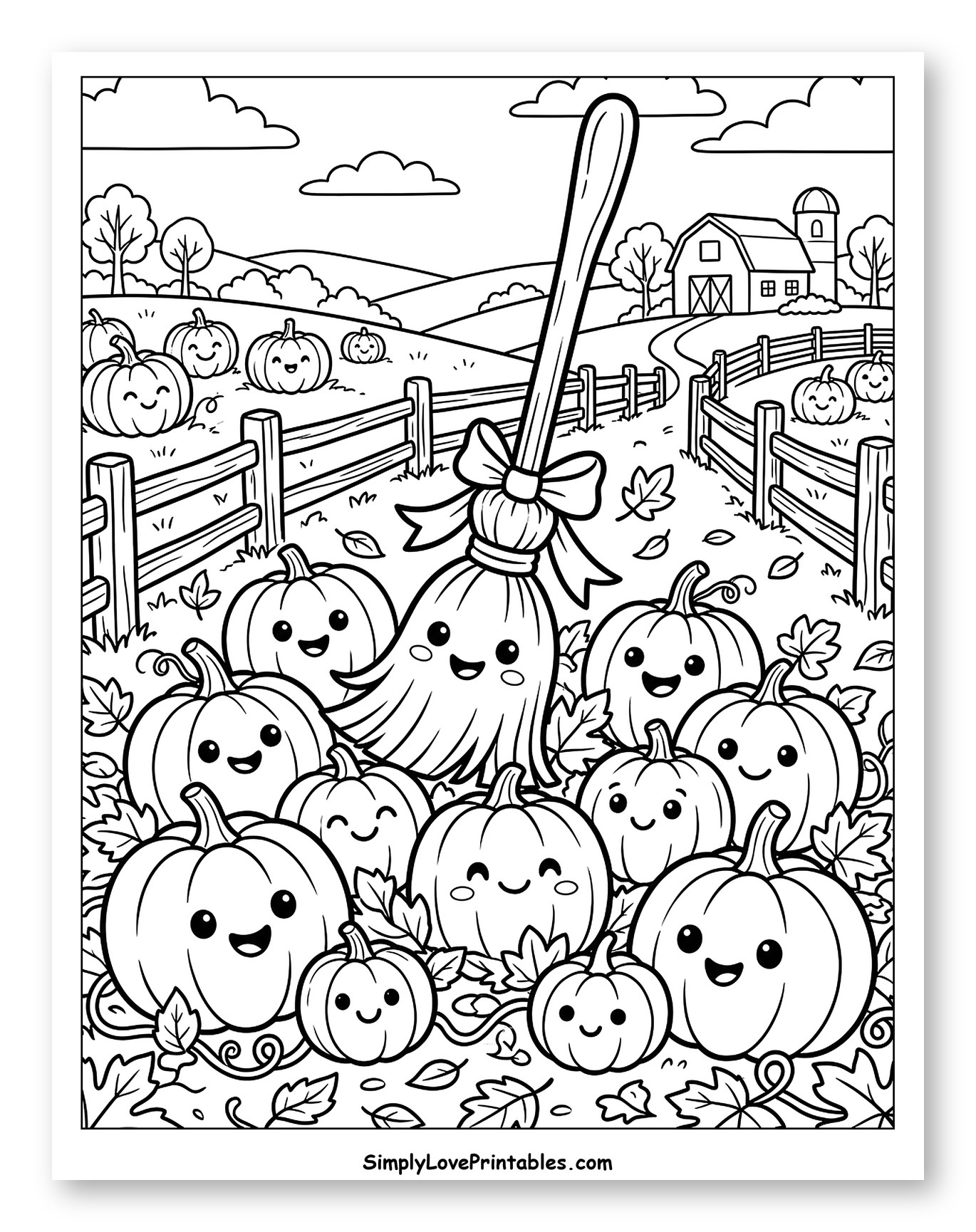 Whimsical Broomstick and Smiling Pumpkins Farm Coloring Sheet for Kids