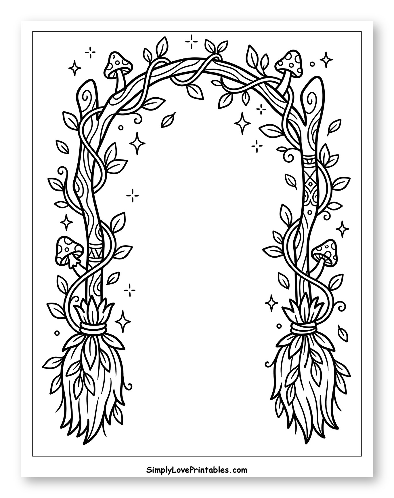 Whimsical Broomstick Archway with Mushrooms and Vines Coloring Sheet for Adults