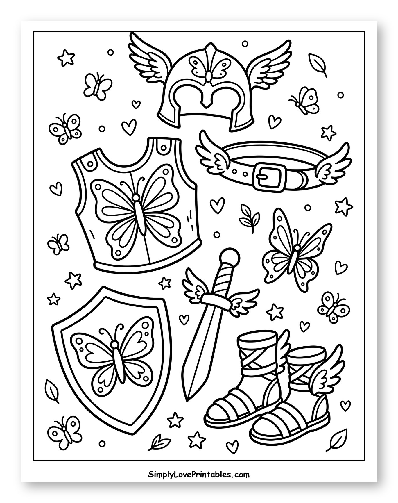 Whimsical Butterfly Armor and Accessory Collection Coloring Sheet for Adults