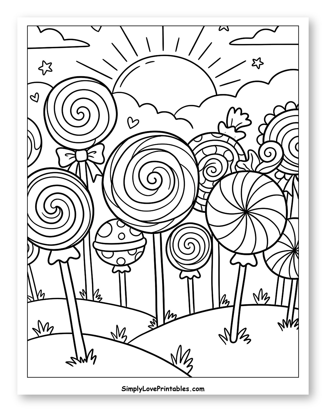 Whimsical Candy Field with Lollipops Coloring Sheet for Adults