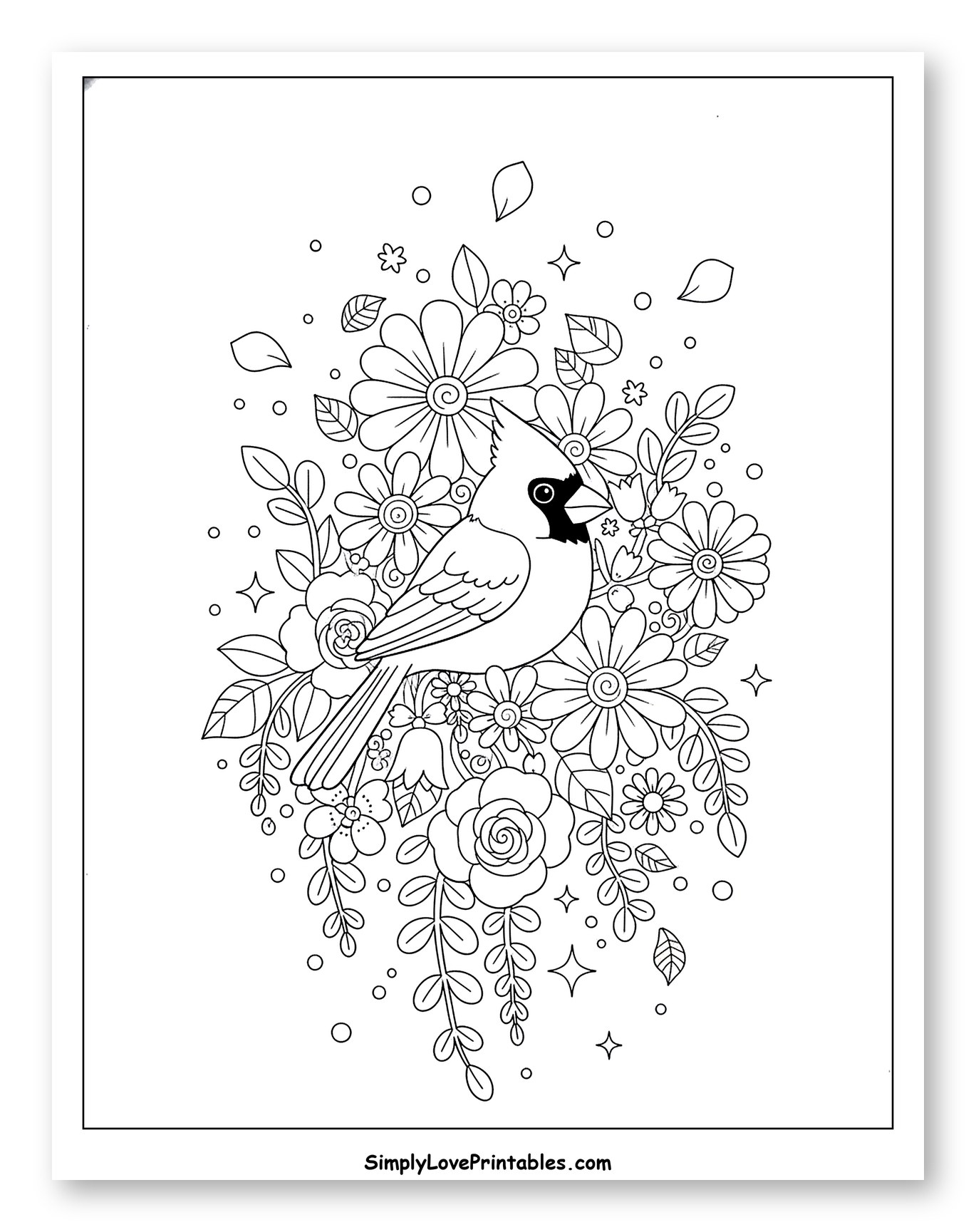 Whimsical Cardinal Surrounded by Blooming Flowers to Color for Adults
