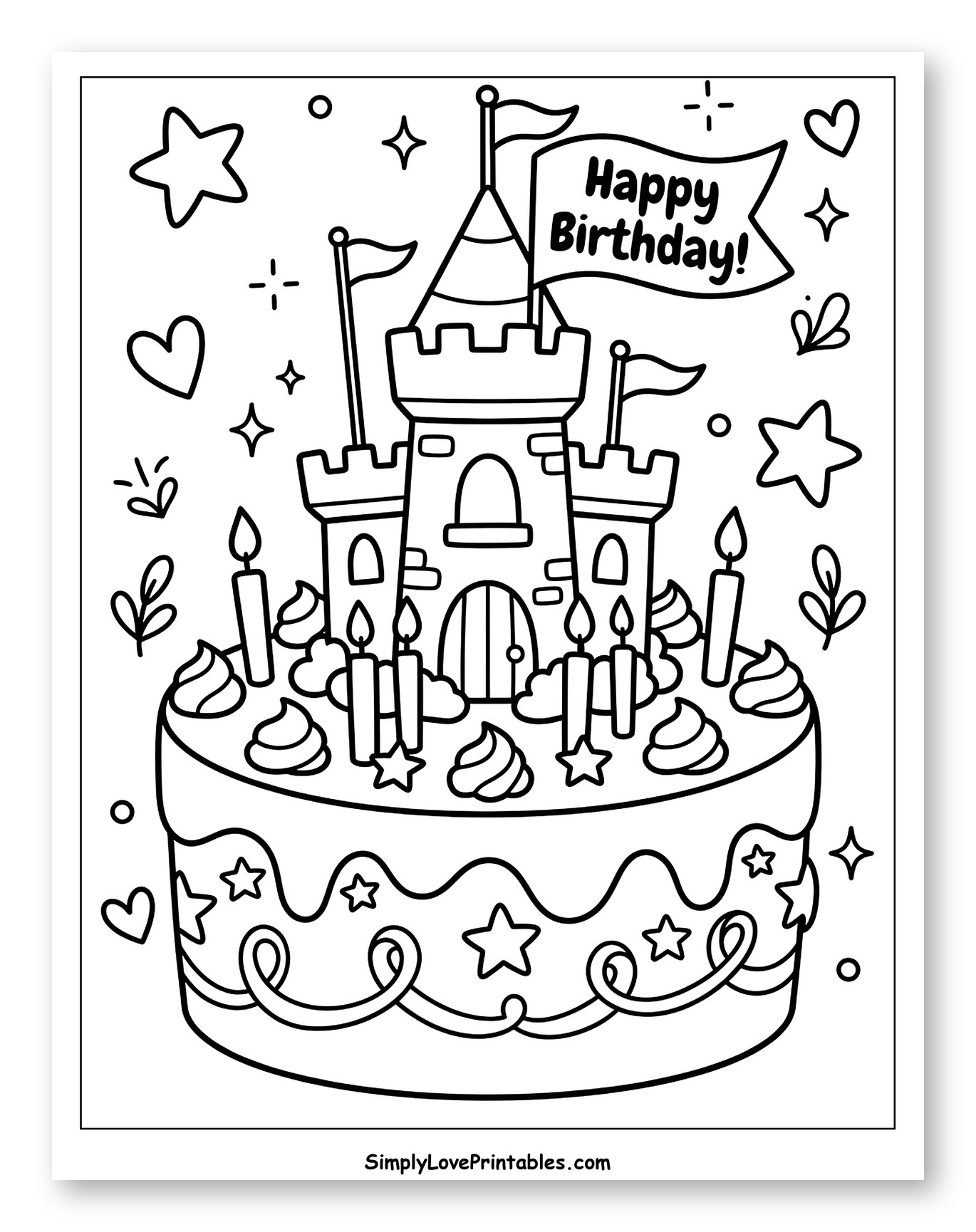 Whimsical Castle Birthday Cake with Candles Coloring Sheet for Adults