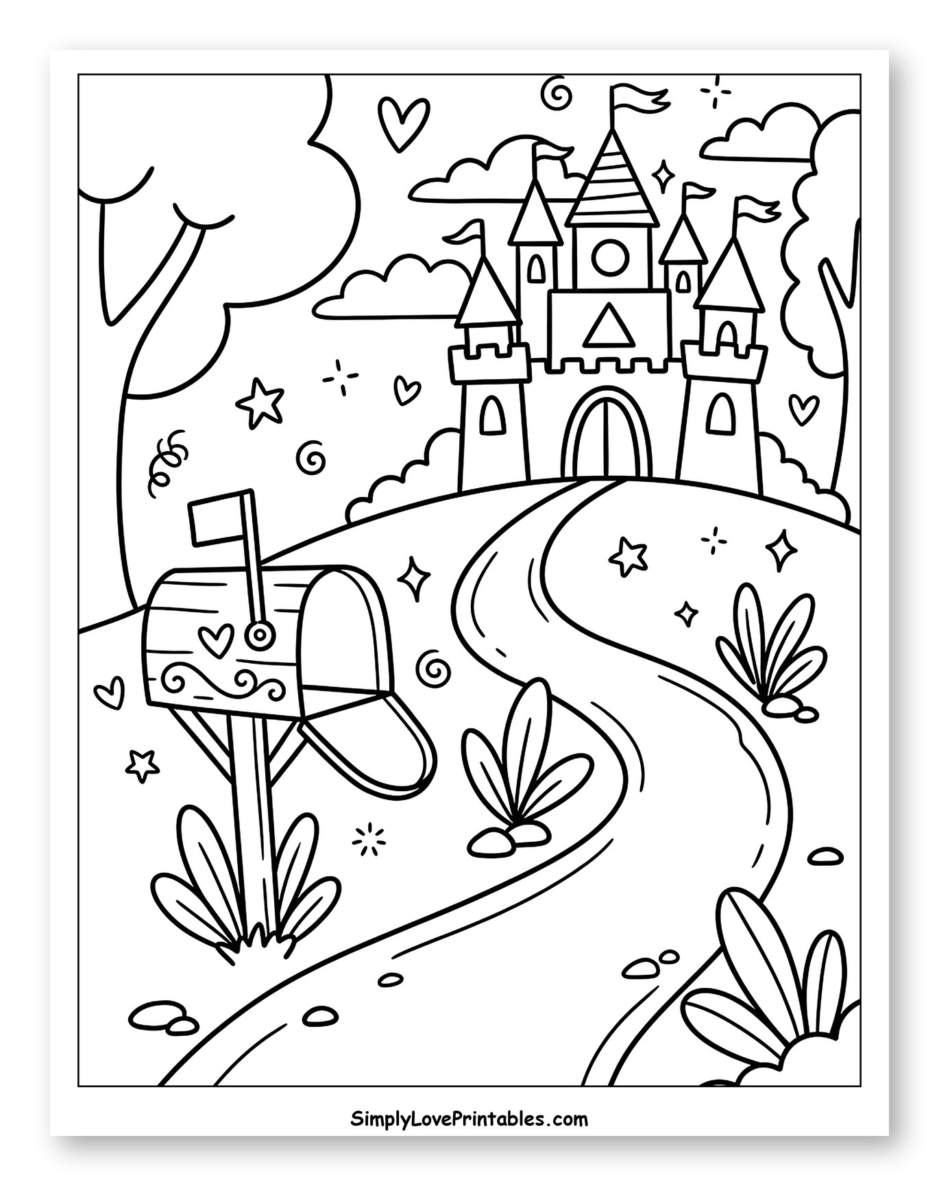 Whimsical Castle, Mailbox, and Road Landscape Coloring Page for Adults