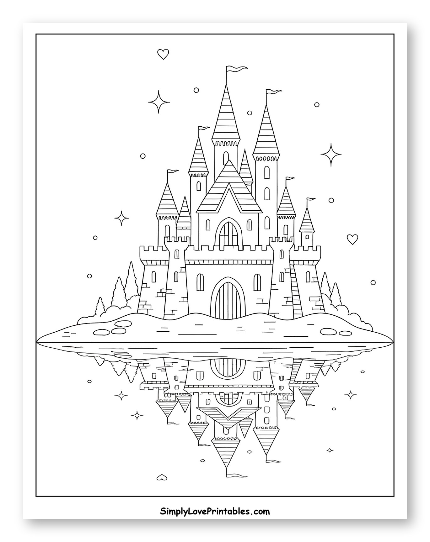 Whimsical Castle with Mirror Reflection to Color for Adults