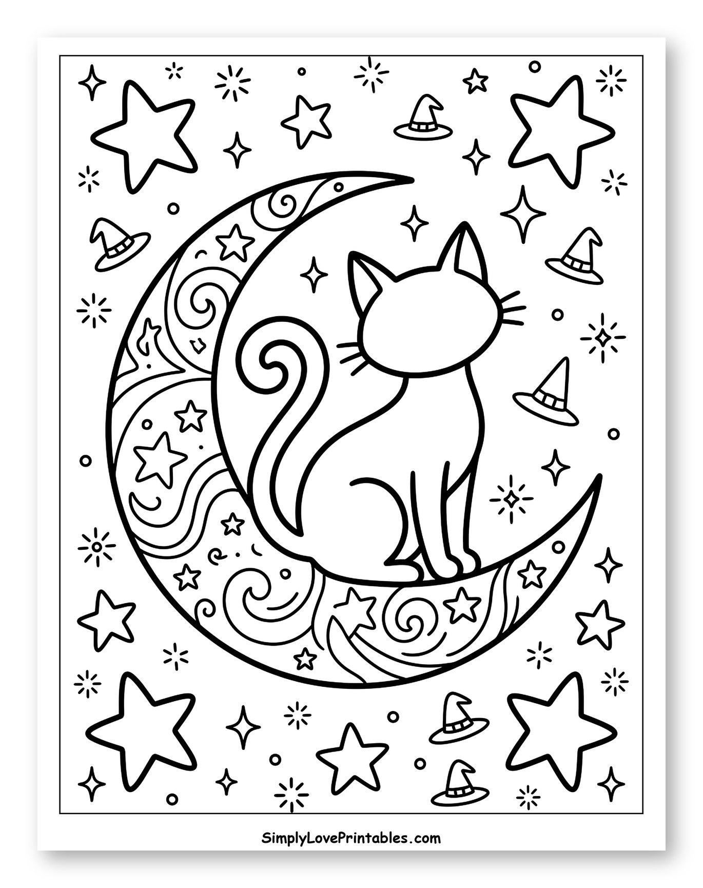 Whimsical Cat on Moon with Stars and Hats