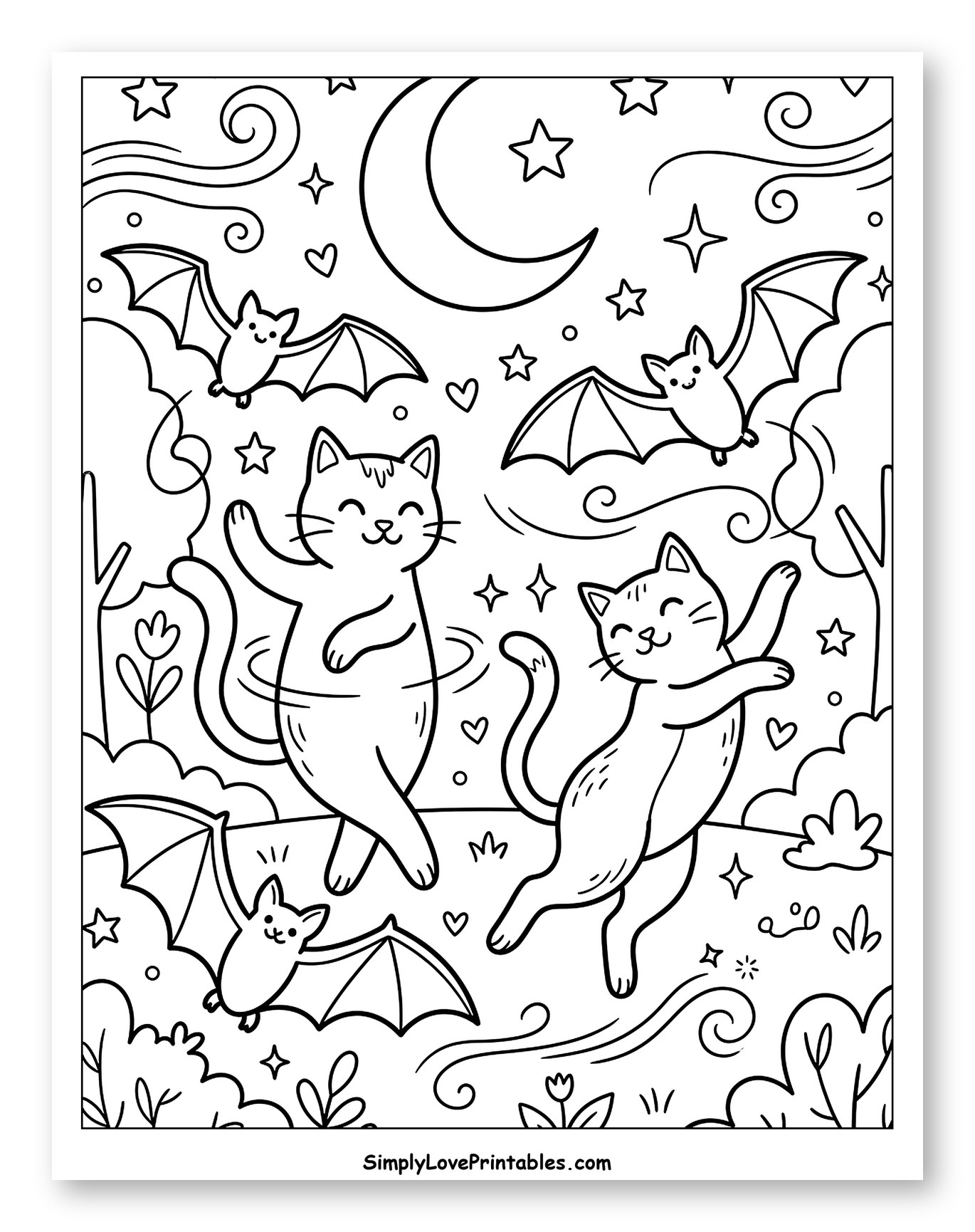 Whimsical Cats and Bats Under the Moon to Color for Adults