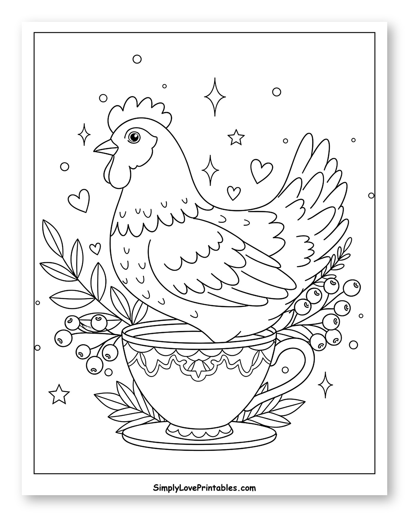 Whimsical Chicken Perched in a Fancy Teacup Coloring Sheet for Adults